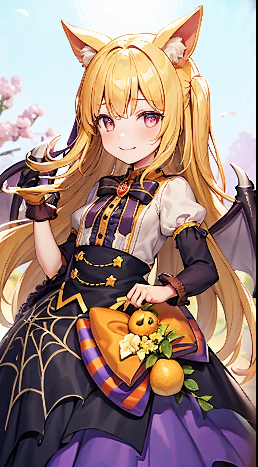 best quality, close up, girl, petite, cat ears, lemon yellow hair, extra-long sideburns, (two side up), long hair, light smile, [blush], full body shot, outfit-MUvampire,