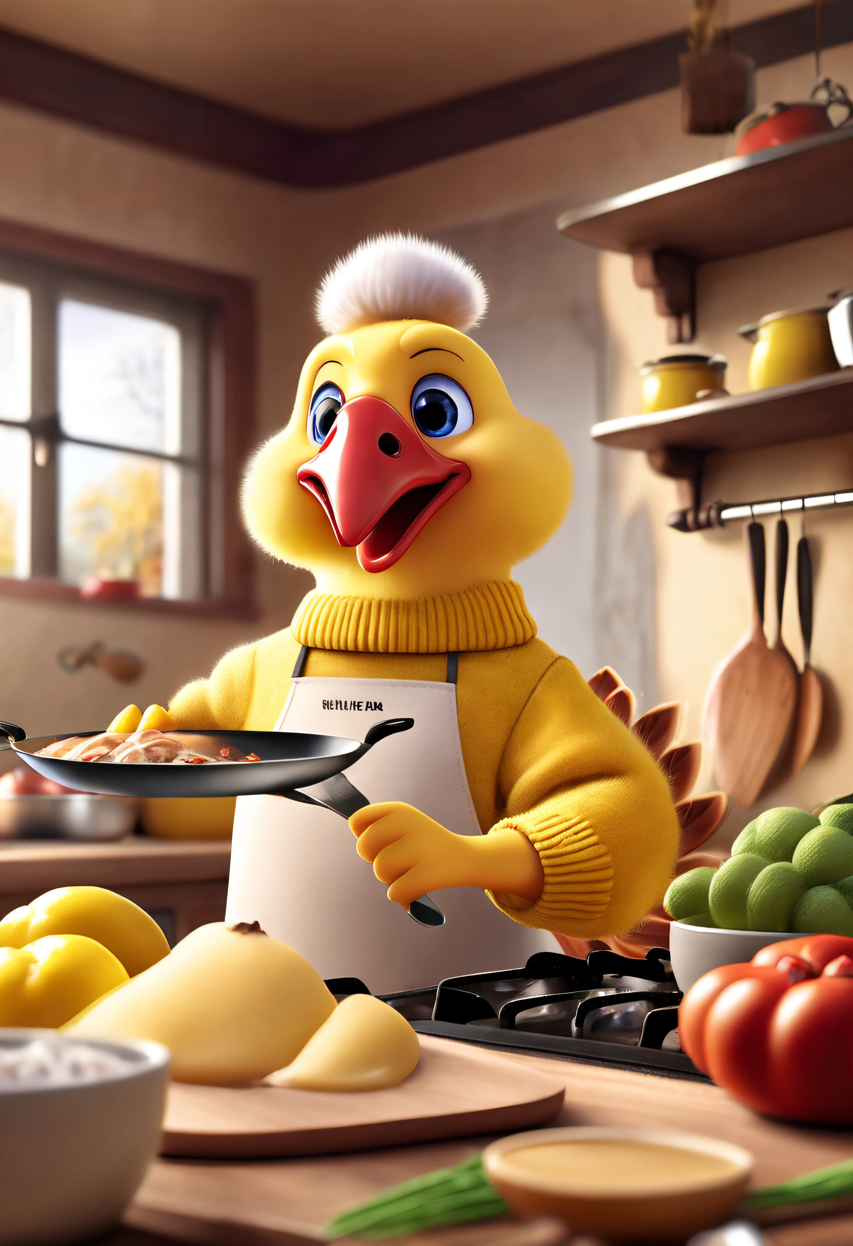 Brand advertising, Creative poster, Stylish cute turkey cooking in yellow sweater,Pixar Zwilling, 3 Rendering, Focus sharp, ultra-realistic realism, Fluffy, fantasy engine, 5 quality rendering, 3 Rendering, furry art,