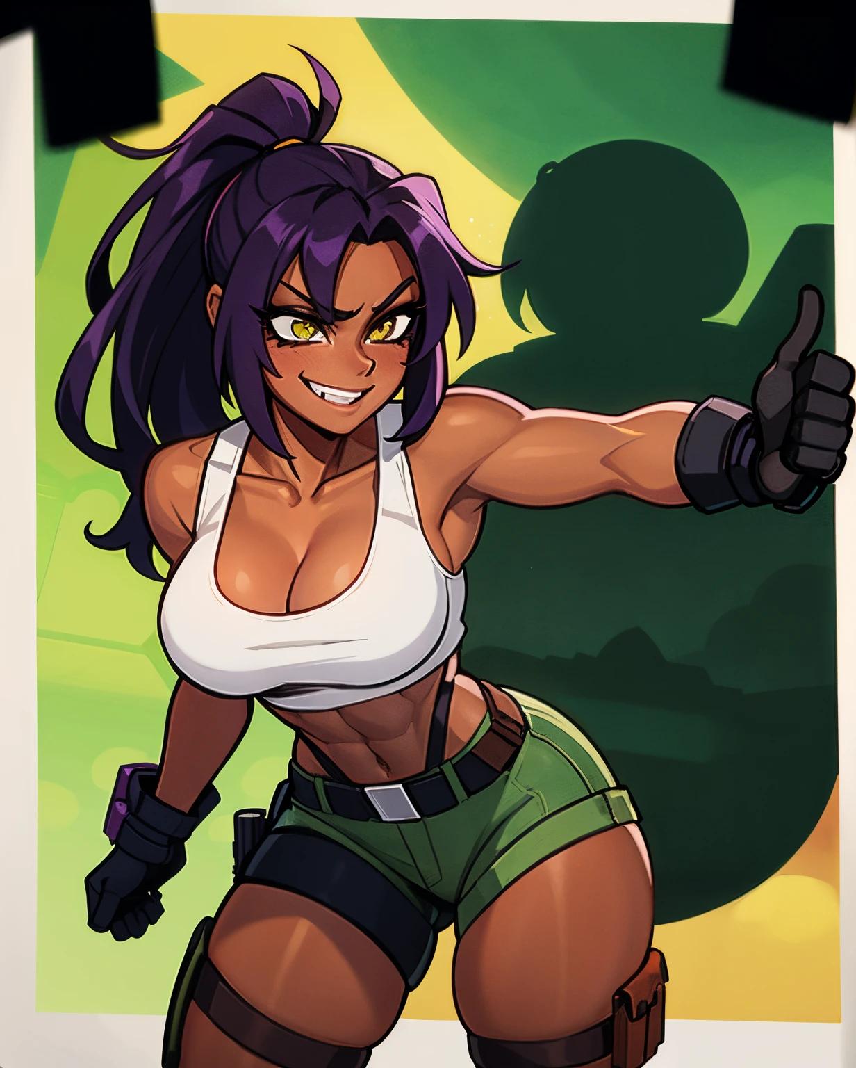 Lara Croft, Yoruichi Shihouin, cleavage, 25yo woman, hazel eyes, long purple hair in a ponytail, adventures outfit, medium breasts, waist, green tank-top and tan jean shorts, white sox, black gloves, hiking boots, thigh gun holsters, purple hair, determined smile, beautiful woman, hourglass figure, solo mature woman, strong muscular woman, masterpiece, Sharp focus :1.2, A pretty woman with perfect figure :1.4, Slender abs :1.2, (dark skin, dark-skinned female:1.2),