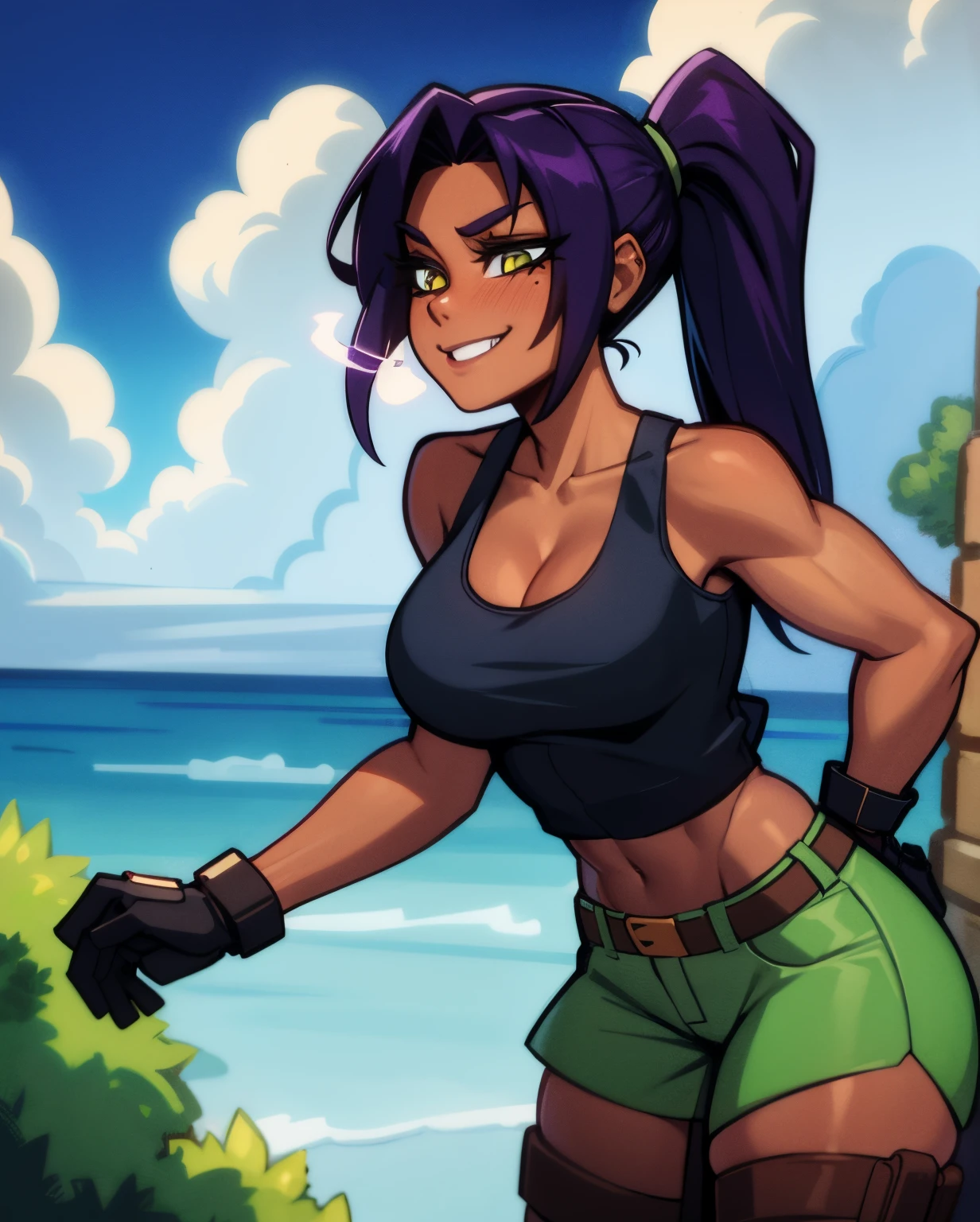 Lara Croft, Yoruichi Shihouin, cleavage, 25yo woman, hazel eyes, long purple hair in a ponytail, adventures outfit, medium breasts, waist, green tank-top and tan jean shorts, white sox, black gloves, hiking boots, thigh gun holsters, purple hair, determined smile, beautiful woman, hourglass figure, solo mature woman, strong muscular woman, masterpiece, Sharp focus :1.2, A pretty woman with perfect figure :1.4, Slender abs :1.2, (dark skin, dark-skinned female:1.2),