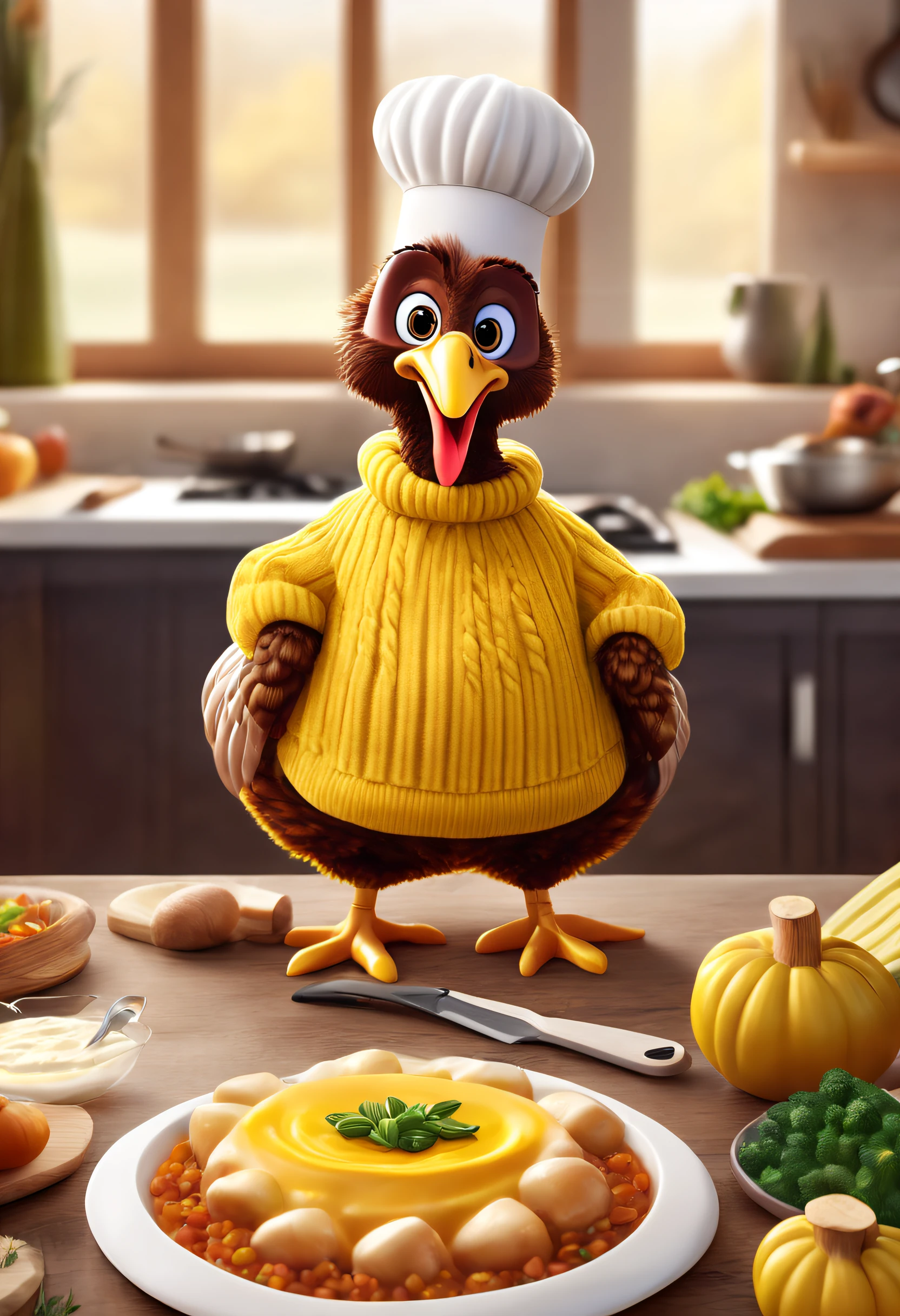 Brand advertising, Creative poster, Stylish cute turkey cooking in yellow sweater,Pixar Zwilling, 3 Rendering, Focus sharp, ultra-realistic realism, Fluffy, fantasy engine, 5 quality rendering, 3 Rendering, furry art,