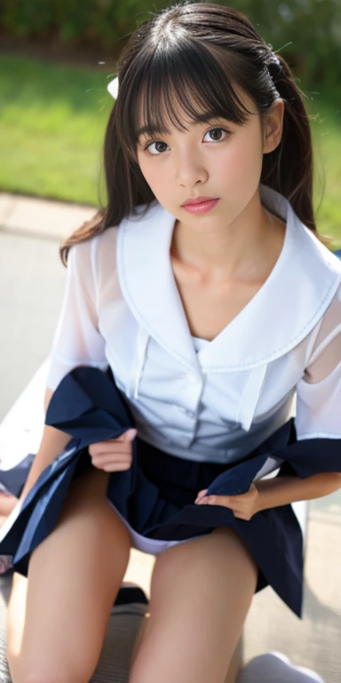 neat college girl、ite person、(student clothes、Sheer white shirt、Navy blue ribbon at the collar、Dark blue pleated micro mini)、(Slimed、small tit、flat boobs、small tit)、Photorealsitic、detaileds, Skin Texture, ultra-detailliert、Delicate and sexy collarbone、Super Detailed Face、Detailed lips、A detailed eye、二重まぶた、Sitting on legs bending the knees、Squatting、White panties are visible from the skirt、sexy  pose