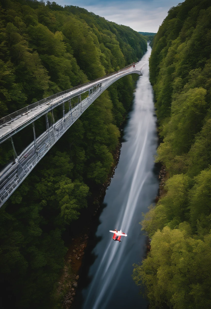 A photo of Sterling bungee jumping off a high bridge,original,Max “Velocity” Sterling, a fictional Formula One champion, is the epitome of speed and charisma on the racetrack. With a sharp, athletic build, his appearance is as flashy as his driving style, often seen in custom racing gear emblazoned with bold logos and his trademark lightning symbol. His hair is styled with the same carefree audacity that he shows behind the wheel, and his confident, roguish smile has made him a heartthrob in the international racing scene.