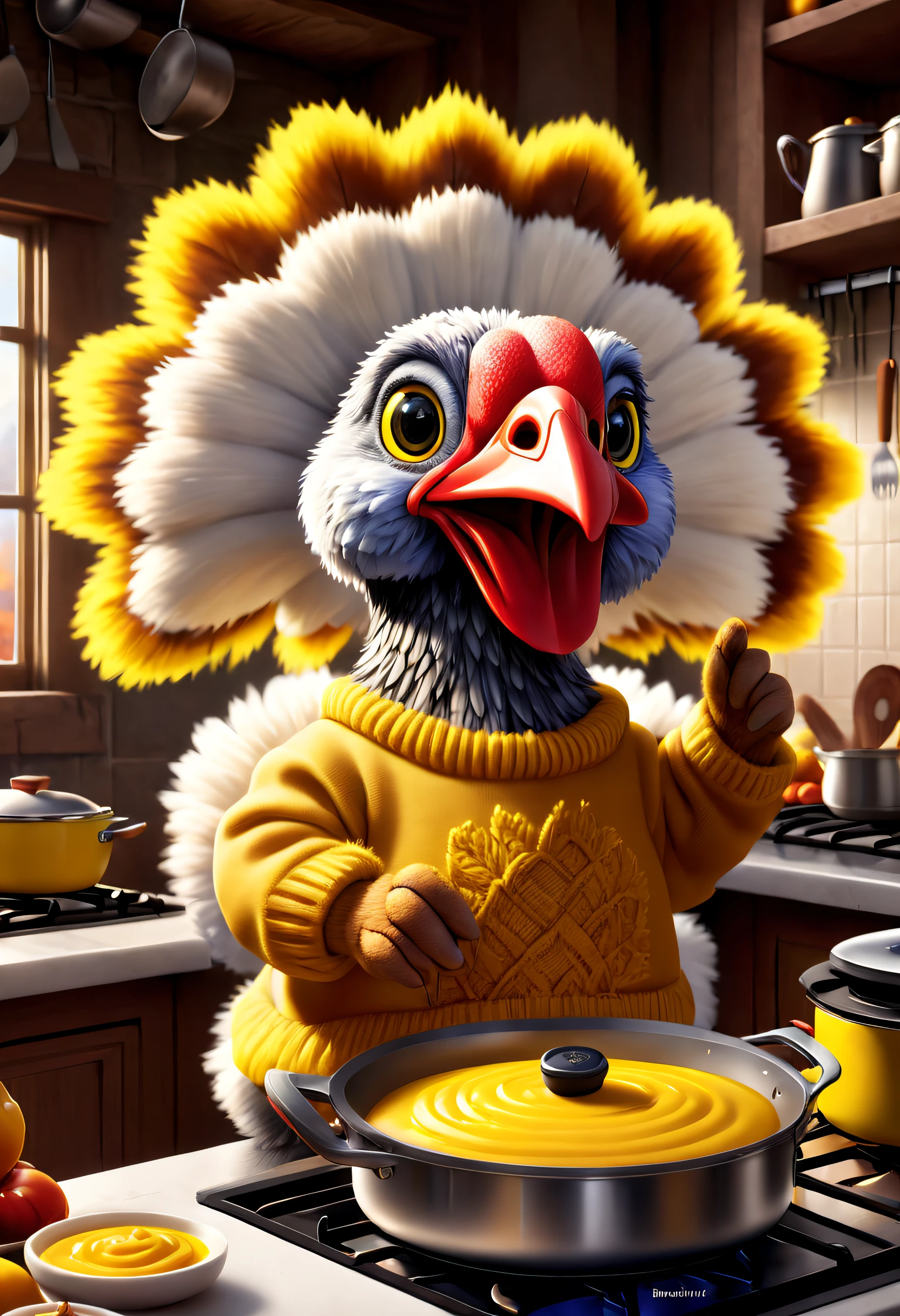 Brand advertising, Creative poster, Stylish cute turkey wearing yellow sweater cooking,Pixar Zwilling, 3Drenderingof, Focus sharp, ultra-realistic realism, Fluffy, fantasy engine, 5 quality rendering, 3 Rendering, furry art,