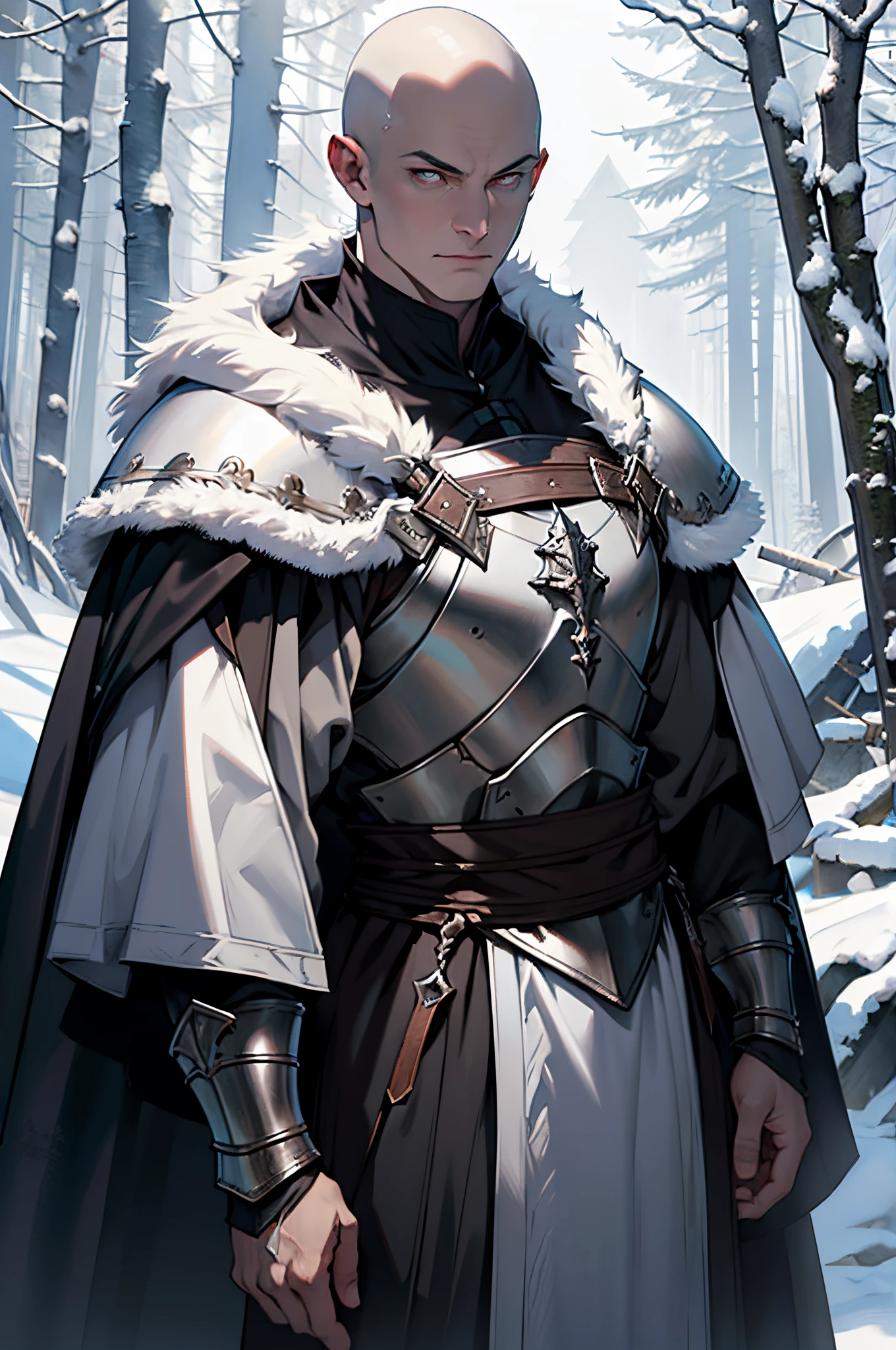 Fantasy, Middle Ages, mighty warrior with bald head, white steel armor, pale-skin, .The man has steel armor and a fur cloak. Mascara around the eyes, shadows under the eyes, Male in his 50s, It's very serious.........., Background with: Ruins in the forest in front of the snow-covered castle
