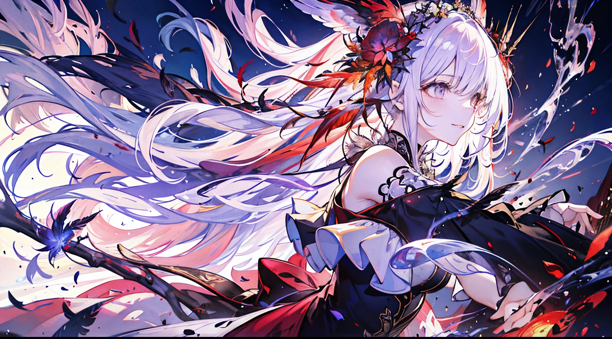 （（tmasterpiece：1.4，Best quality））+，（hyper-detailing）+，（Ultra-detailed eyes）+，（winged ears：1.5），
（cute girls），ar old，（Crimson pupils：1.15），Long dark blond hair，long braid，Bushy hair（wariza：1.2），pale-skinned，seduct smile，red rhombus crystal，red bird feathers，vacant eyes，Blood-red lips
（She wore a conservative red and yellow bird feather coat，Black pattern，：1.5），（Starry Sky Cloak：1.4）The sleeves are extra-long，Red bird feather headdress，fire burns hair，baiyun，A sea of red leaves and vines，Dream bubbles，black fingernails，Silver crown，red apple，Purple grapes，Red Lotus，leather clothes，Black handguards，Turn your head，Back to head
（bird feathers：1.1），
（dawn light：1.2），
（Thick black and white：1.16），（depth of fields：1.4），Complicated details，color mixing，Detailed route，Excellent,super detailing,The content is very detailed,(hight contrast:1.11),ventania,Amazing cleavage,beautidful eyes,messy  hair,(best illuminate，Extremely Delicately Beautiful), ((movie light lighting)), (seen from the side:1.3)，8K,tmasterpiece，Best quality，cinematic Film still from，1 plump girl，floating in sky，Intertwined clouds，cloud，（Close-up cleavage：1.1），bright，cheerful，Interesting，gentlesoftlighting，（bauhause，shape，line engineering，Abstract：1.1）offcial art， Unity 8k壁纸， ultra - detailed， Beautiful and beautiful， tmasterpiece， Best quality， （dynamic angle：1.4），romantic depth of field exotic_dances，Perfect NwsjMajic，（tmasterpiece，top-quality，Best quality，offcial art，Beauty and aesthetics：1.2），The content is very detailed，rich colourful，highest details，