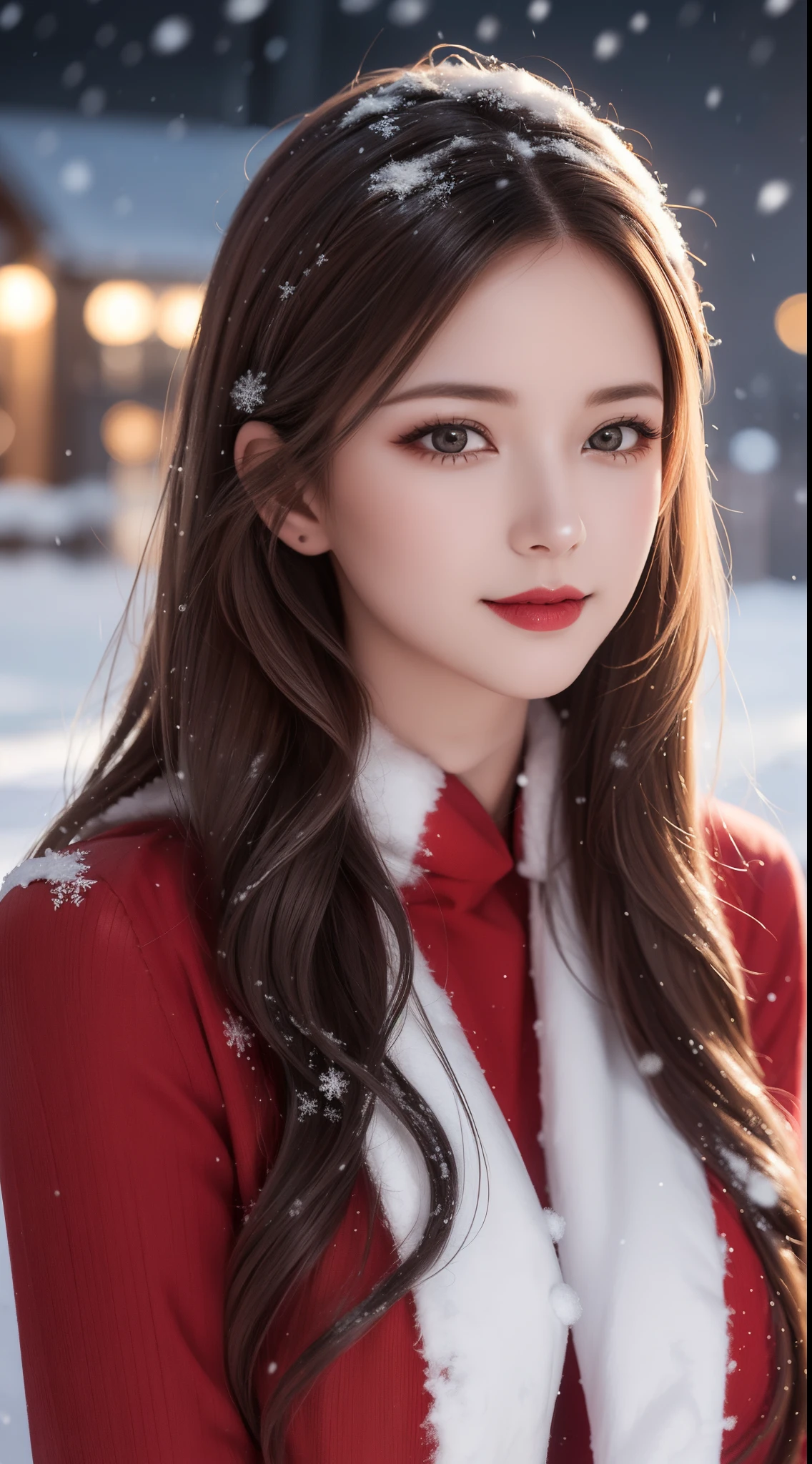 (Aesthetic, Hi-Res: 1.2), Professional Photographer, Outdoor winter scene with snow in the evening, A slight smile, Realistic art, various hair styles and colors, wearing a simple, conservative red boby santa costume, evening, passionate mood, seductive expression, sexy lips, wet lips, seductive closed eyes, seductive look, pose Provocative, Low lighting, Vivid colors.