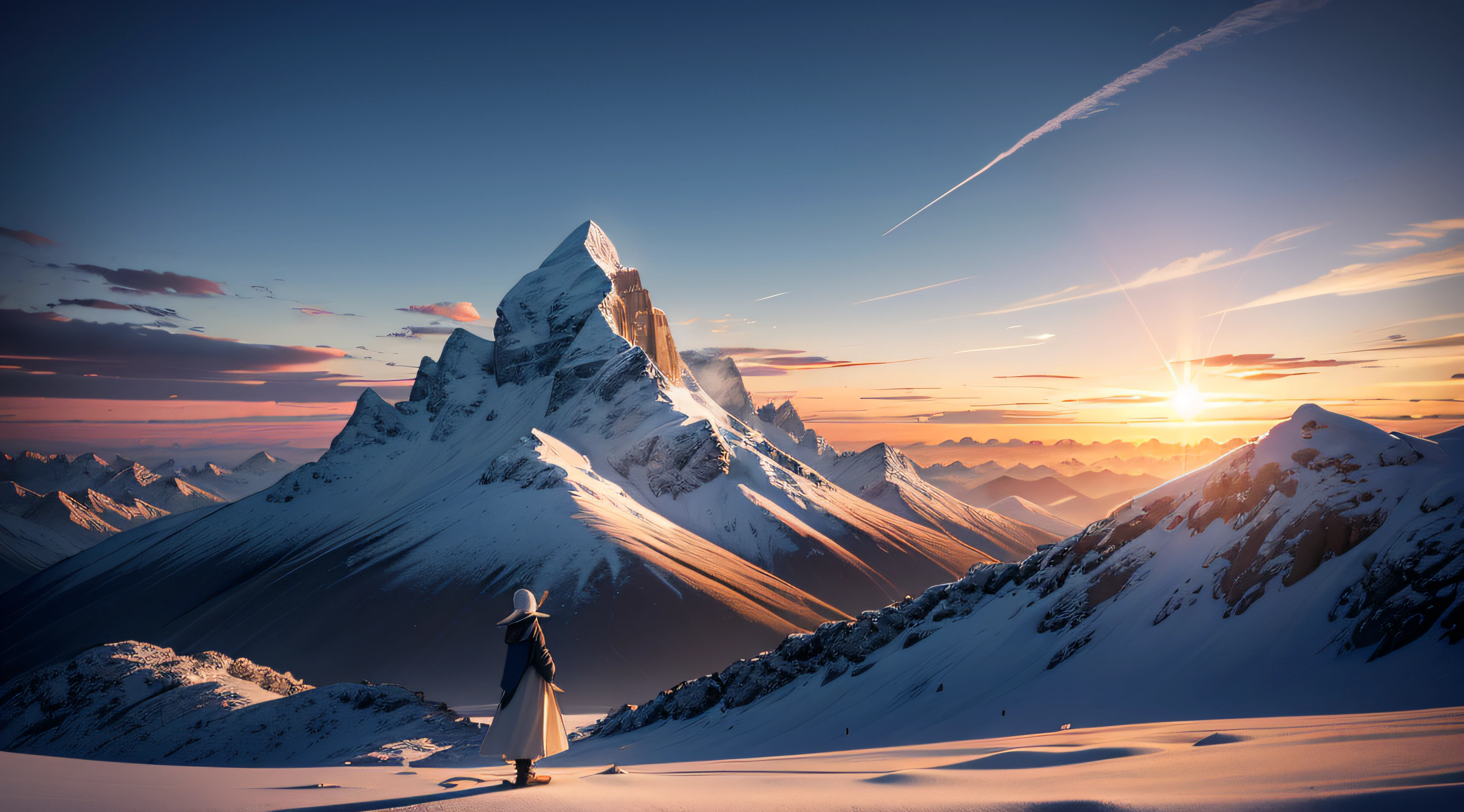 Sir Ian McKellen dressed as Gandalf all alone at sunset in altitude on a mountain in new Zealand looking at the spectator and showing the golden ring of power with elven markings on it. smile. full body , éclairage cinématique, Angle dynamique, jolis yeux détaillés. (Texture naturelle de la peau, Hyperréalisme, lumière douce, clair: 1.2), (Détails complexes: 1.12), Chef-d’œuvre HDR, Meilleure qualité, (Photo très détaillée: 1.1), 8k. Folie. Excentricité. violence.