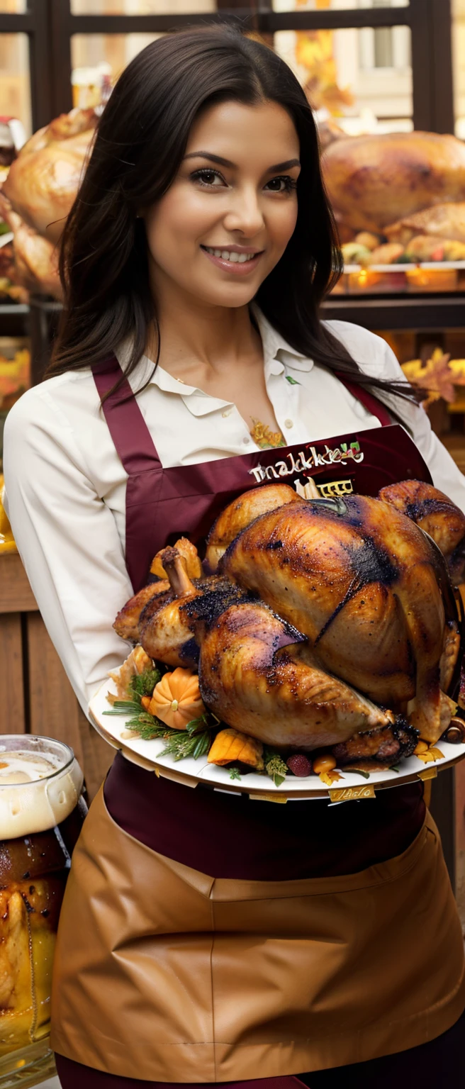 (masutepiece, top-quality, 8K), (1womanl, perfectly proportions, Beautiful face, Cute face, Colossal tits, Big ass, Beautiful legs, stares at the camera), young woman wearing an apron, (carrying a thanksgiving turkey plate and beer:1.9) , Restaurants popular for turkey, (Laugh:1.6), View from above, thanksgiving turkey , short dark hair, Aesthetic , Photo, turkey on a plate, mug of beer, Crowded restaurants,