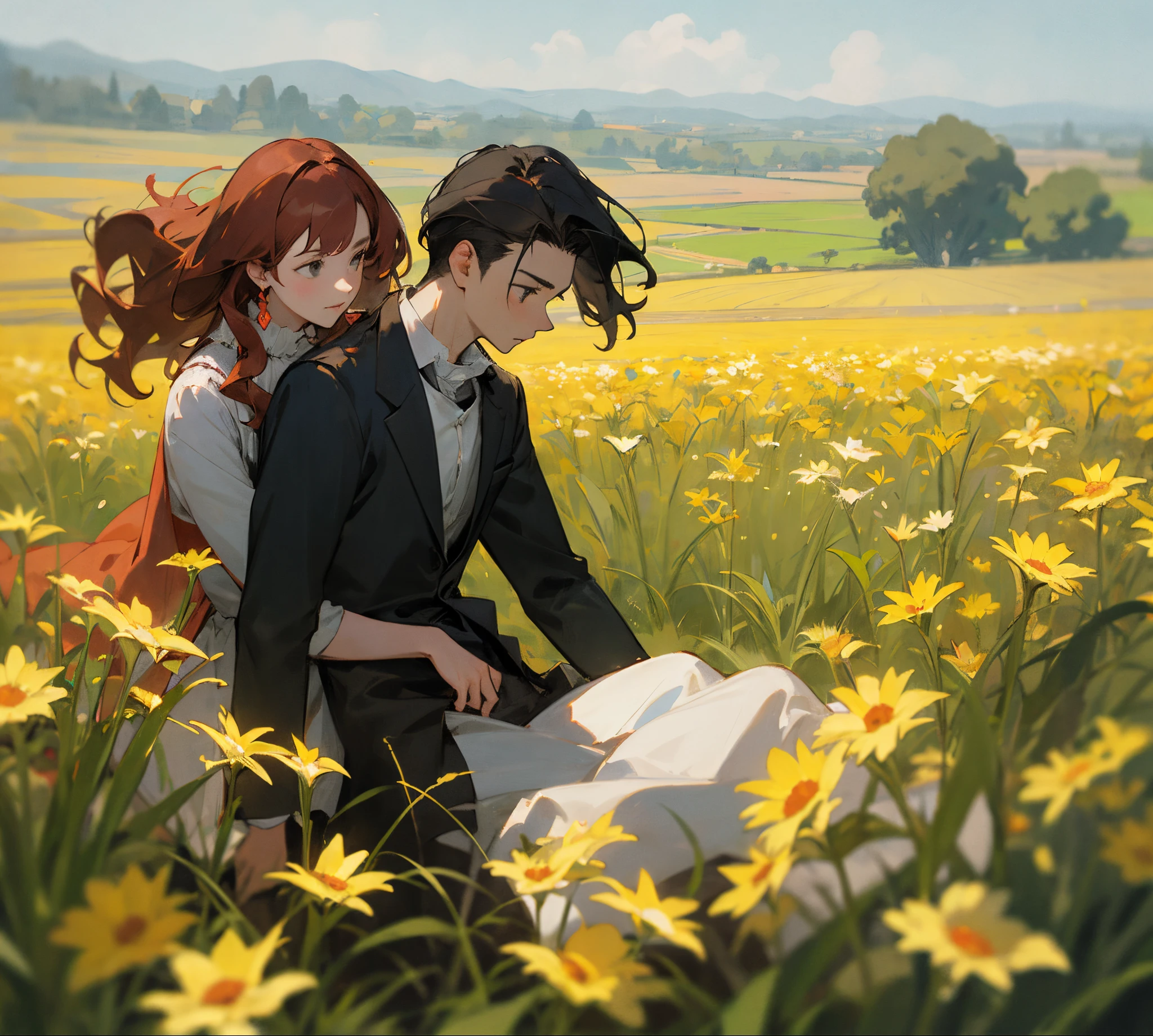Young Heathcliff and Catherine playing in the fields