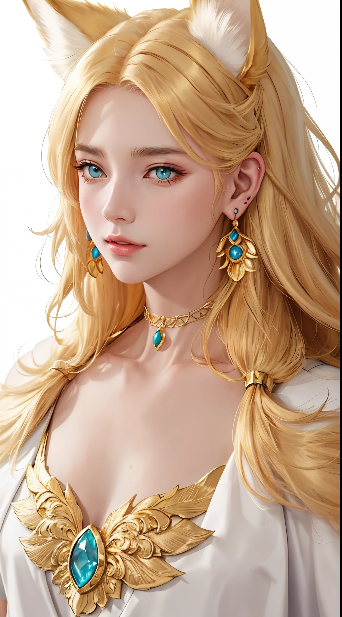 From the shoulders up, golden fur, fictional animal character, fashionable earrings, cute deformation, white background, vivid colors, anime cute, bog ears, Male