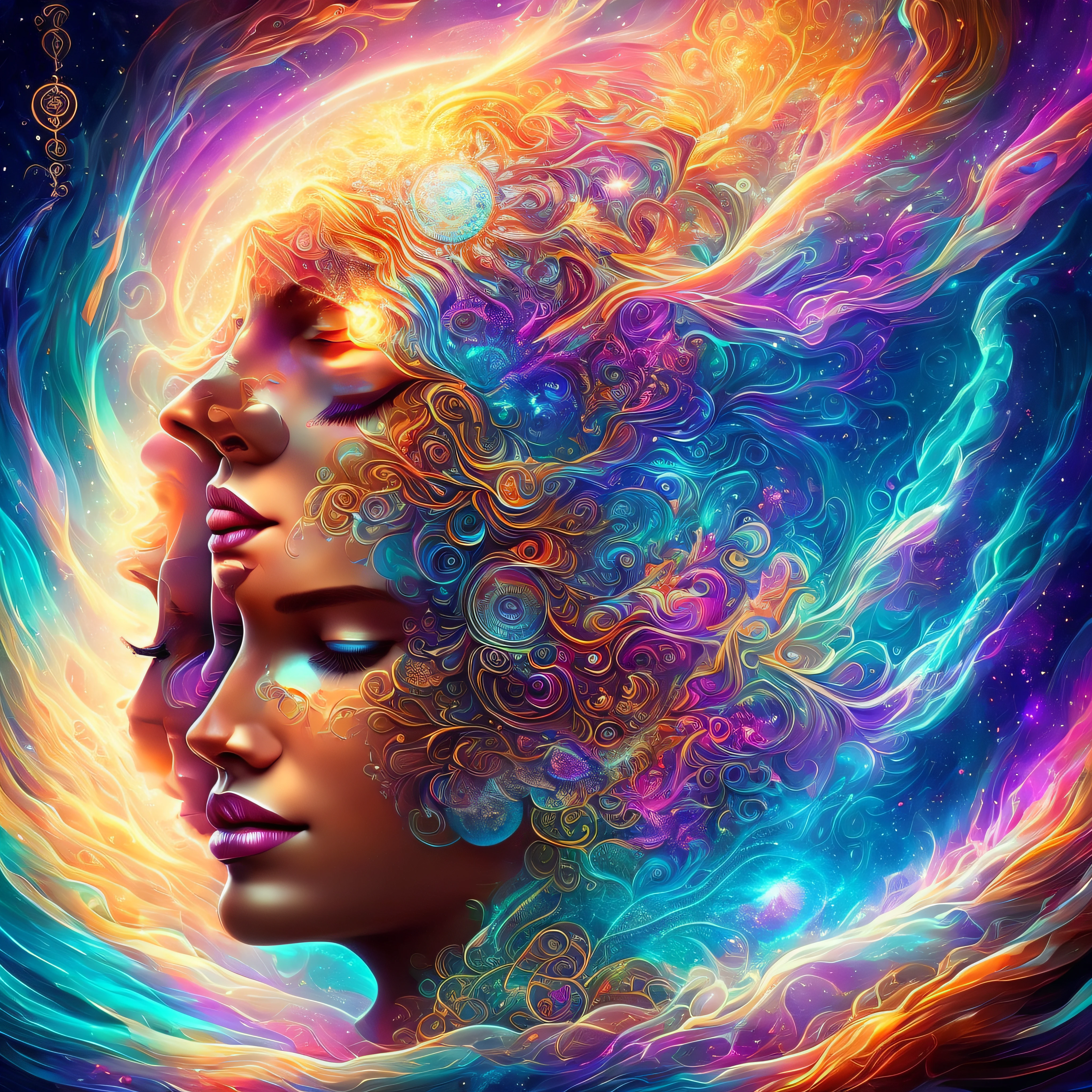 Plunge into the ether that flows with the eternal soul through the vibrations of love, Everything is connected, Flowing energy, spiritual, divine, Dreams, cosmic, concept-art, Blowing the Mind, Female beauty, god, Pineal gland, dreamlikeart