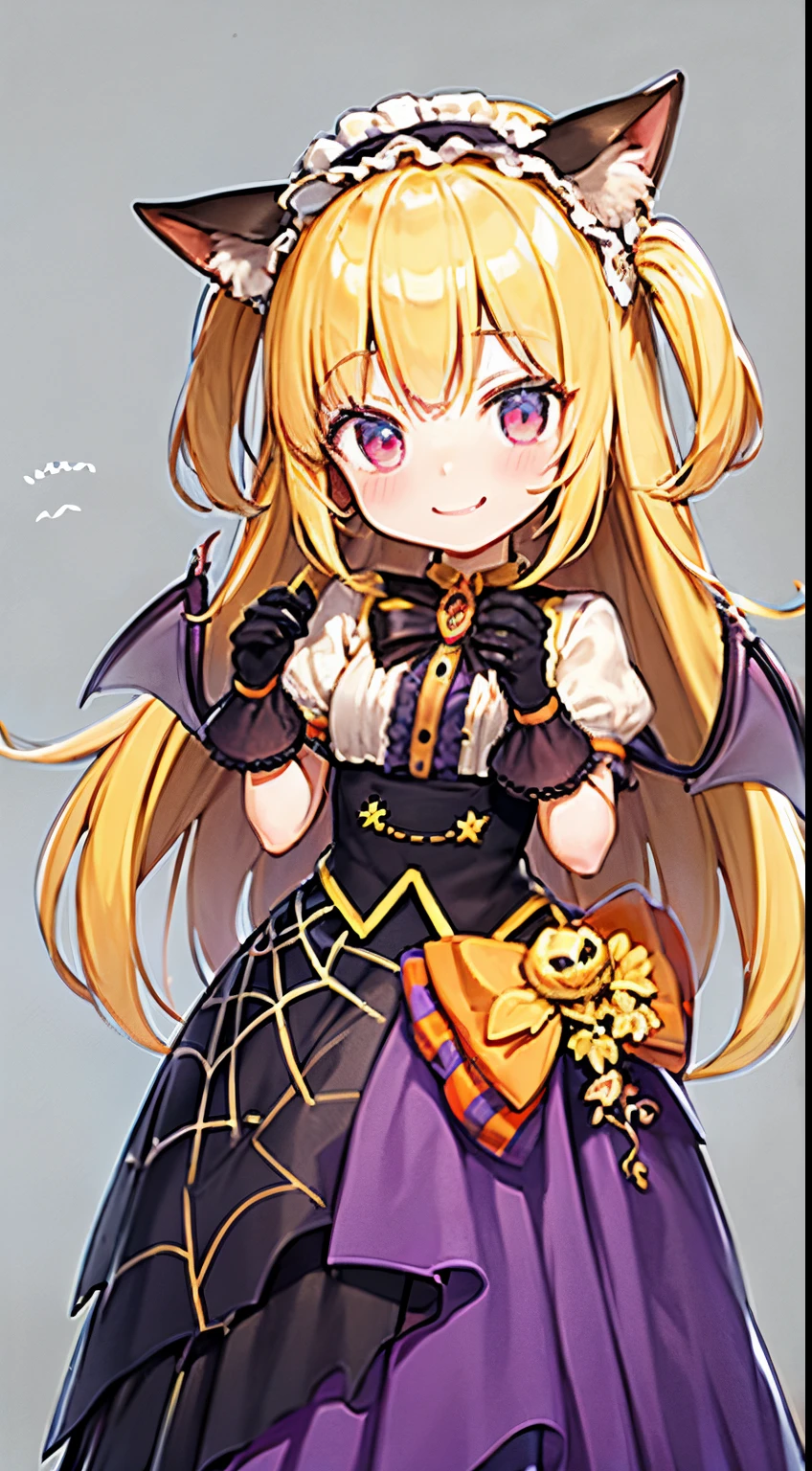best quality, close up, girl, ite, cat ears, lemon yellow hair, extra-long sideburns, (two side up), long hair, light smile, [blush], full body shot, outfit-MUvampire,