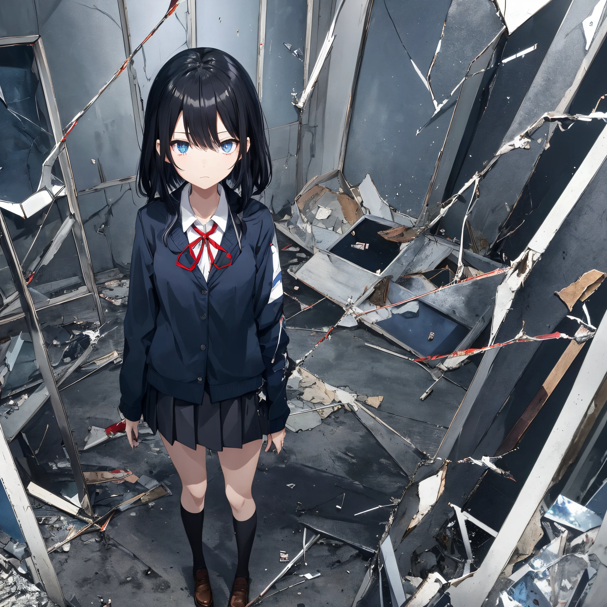 anime, black hair, Schoolgirl girl, blue jacket, blue eyes, darkblue skirt, red ribbon around the neck, full height, Full-length girl, beste-Qualit, Broken glass, shattered glass, glass broken into pieces, gloom, Blackness, Broken mirrors, The old premise