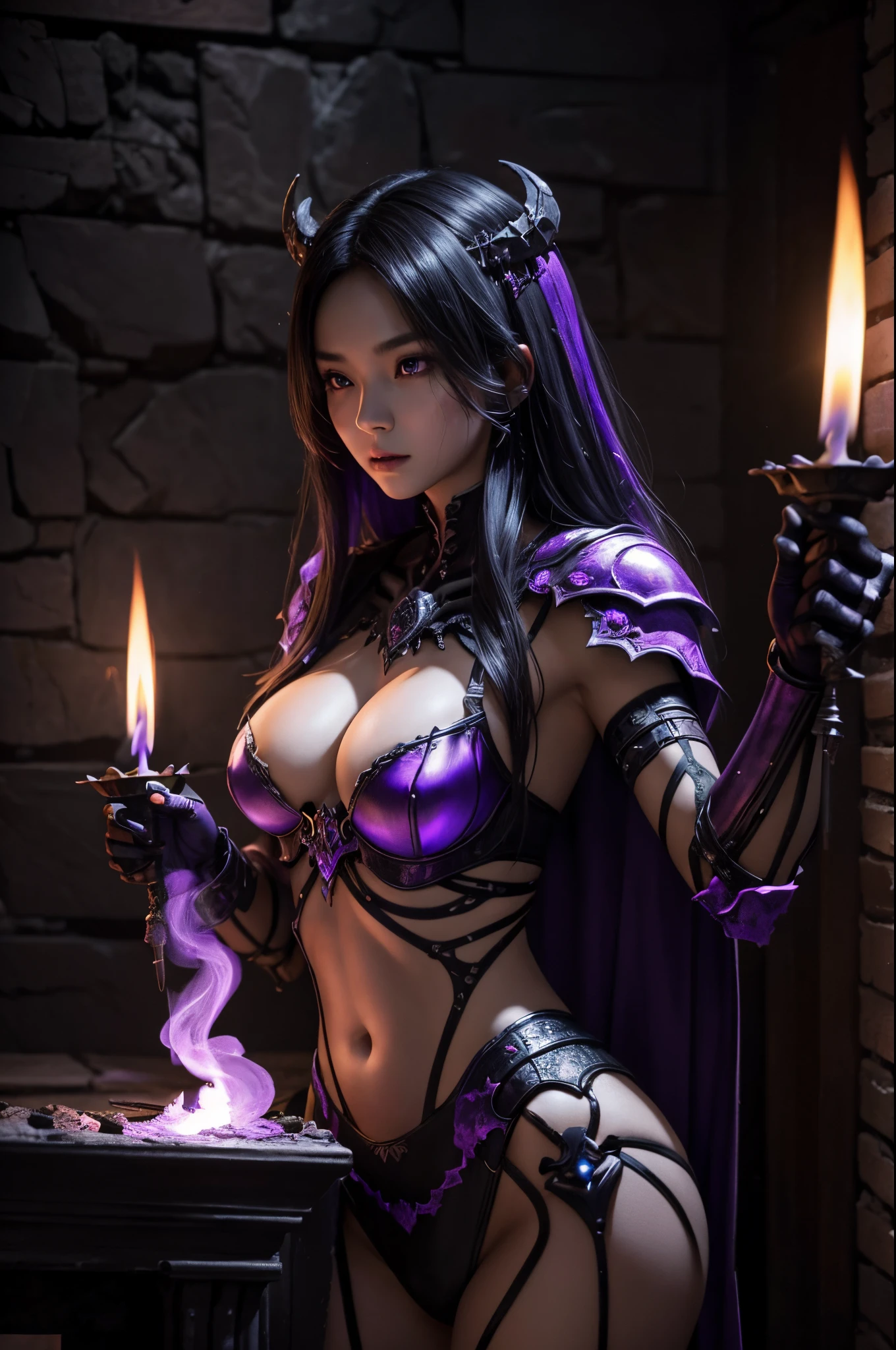 8K、There's a female skeleton wearing tattered armor in a dimly lit room.。(masterpiece)Carry a sword and a shield、emits purple smoke from its body(purple glowing effects)make a scary face、devil's skeleton(exact details of the skeleton)A space full of madness,Many candles are lit on the wall(Fire effect)There is a broken fireplace in a dimly lit room.,超A high resolution、super precision、A hyper-realistic、very Bigger breasts,Watch your audience、
