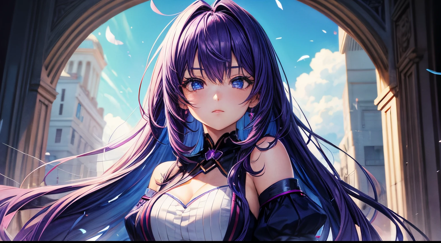 beautiful anime girl with violet hair and blue eyes