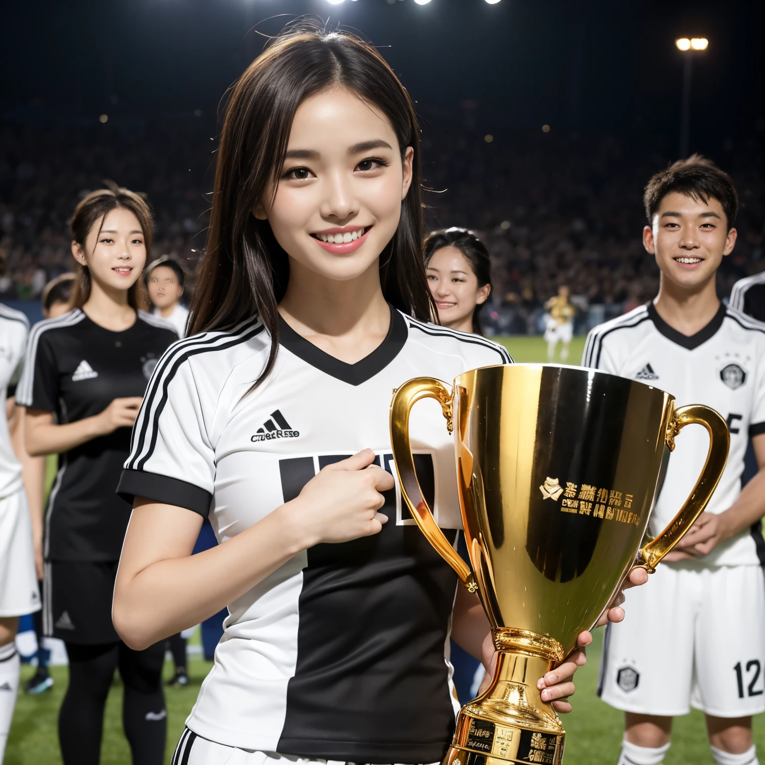 (top-quality、masutepiece、in 8K、Top image quality)、((1 German beauty、1 german、German face))、(Three black vertical stripes on a white soccer uniform:1.4)、(German flag on the chest:1.2)、(Uniforms with professionally designed colors、The most stylish uniforms designed by professionals:1.3)、(with perfect shiny golden trophy:1.5)、(hold the trophy correctly:1.5)、Golden Gorgeous Championship Trophy、Complex Golden Trophy、The golden glow of the trophy、The biggest smile for us、Football uniform with short sleeves and shorts、The biggest smile that stares at you、The background is a soccer field、large full breasts、Blurred crowd of people in the background、Emphasis on the chest