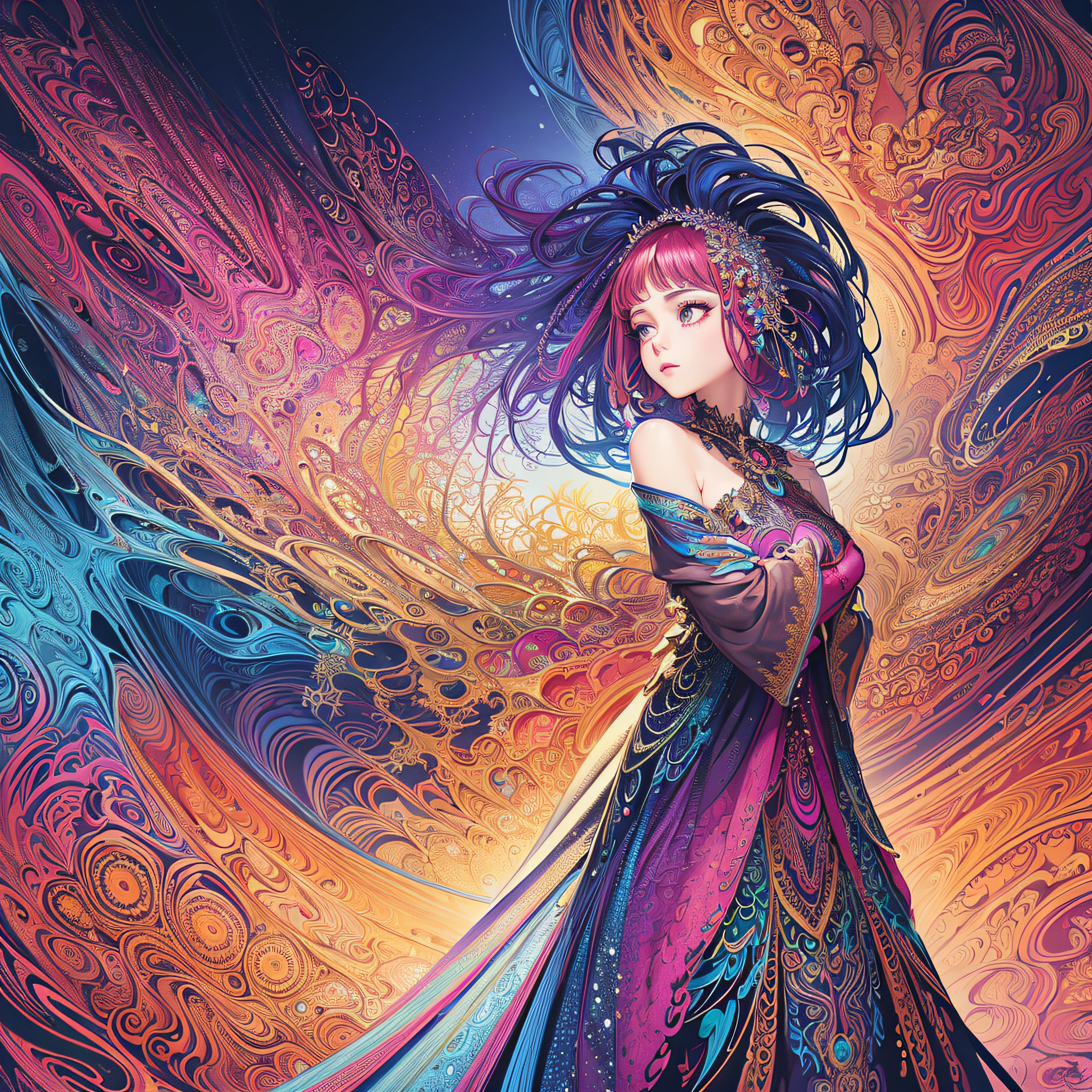 (masterpiece, top quality, best quality, official art, beautiful and aesthetic:1.2), (1girl:1.3), extremely detailed,(fractal art:1.2),colorful,highest detailed,(zentangle:1.2), (dynamic pose), (abstract background:1.5), (treditional dress:1.2), (shiny skin), (many colors:1.4), upper body