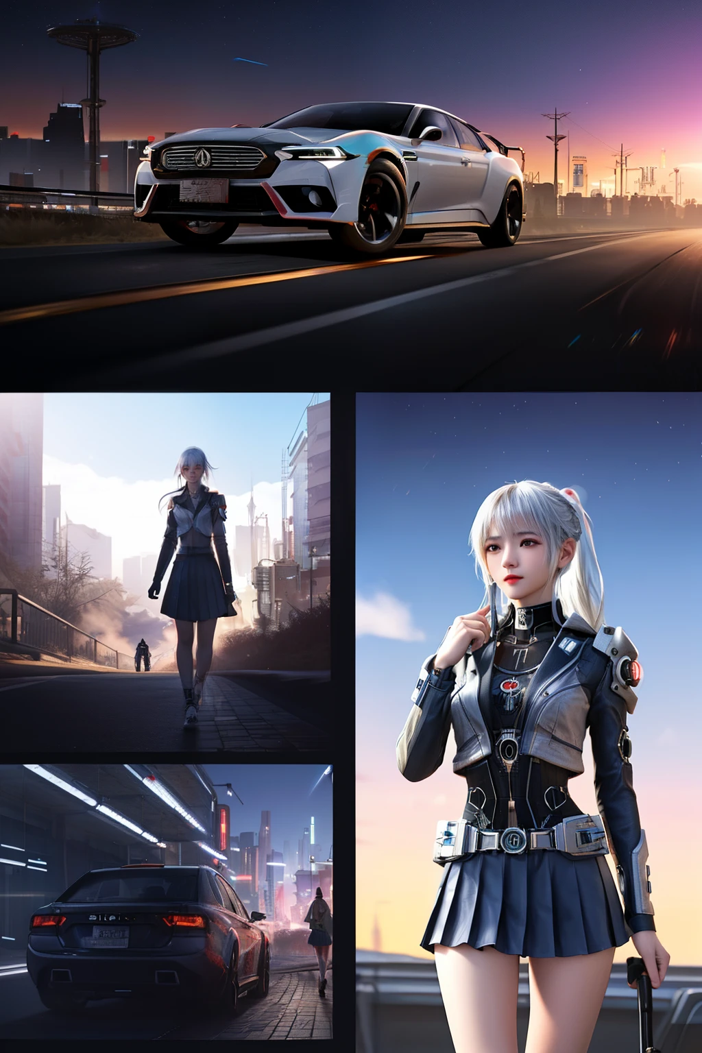 Cyberpunk style world，locomotive，schoolgirls，Silvery hair，Facial details are perfect，full bodyesbian，Wandering earth background，heavenly body，galaxias，extreme light，Faraway view，Driving a sci-fi vehicle，二重まぶた，Harmonious body proportions，Capable，resolute，Dress appropriately