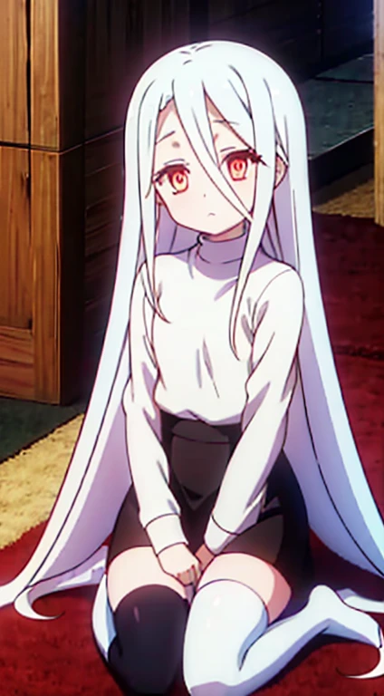 Small woman, long white hair, vibrant scarlet eyes, white turtleneck sweater, short black skirt, black stockings, sitting on the sofa in the living room with the kitchen visible in the background.