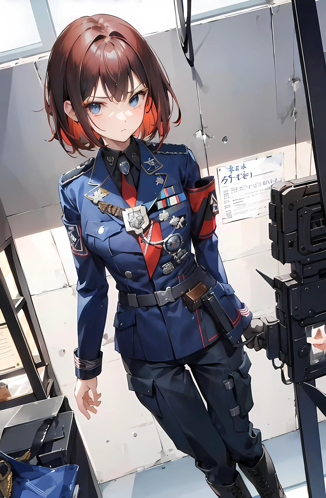 1girl, adult woman, short red/brown hair, blue eyes, stern look, athletic build, wearing military style blue police tunic, military cut trousers, military boots, blue military greatcoat, scanner device over 1 eye, office background, absurdes, high res, ultrasharp, 8k, masterpiece, looking at viewer