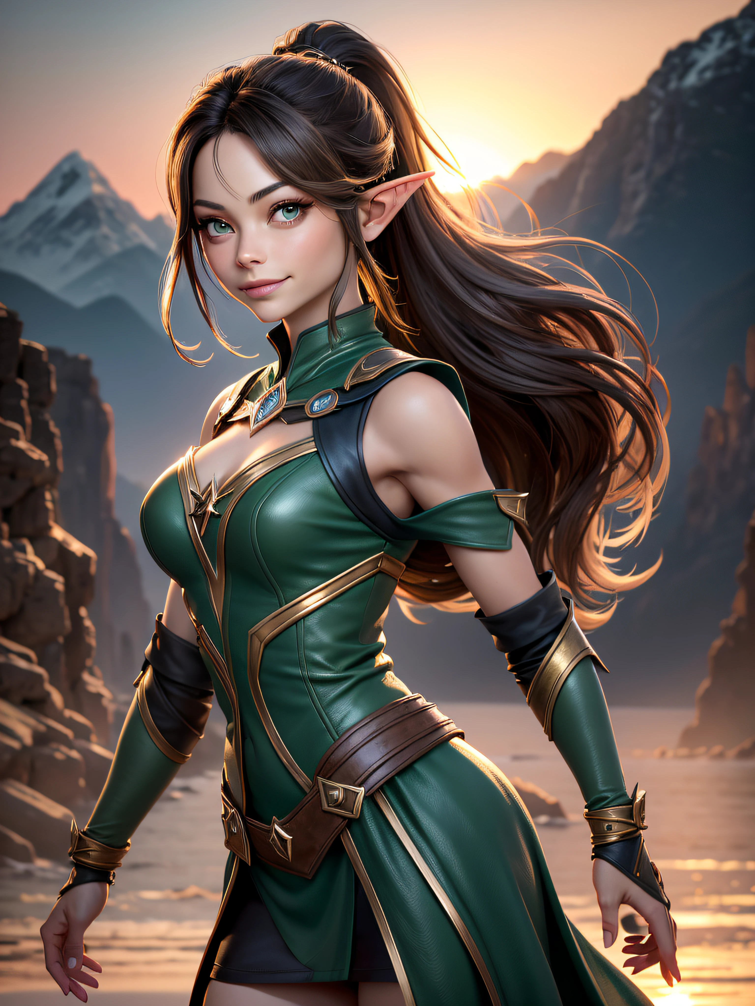 Kristin Kreuk with ponytail and green eyes is an elf dressed in green leather clothes looking at the spectator and showing the spectator the golden ring of power with elven markings on it. smile. Sunset lighting. Mountains in the background. full body , éclairage cinématique, Angle dynamique, jolis yeux détaillés. (Texture naturelle de la peau, Hyperréalisme, lumière douce, clair: 1.2), (Détails complexes: 1.12), Chef-d’œuvre HDR, Meilleure qualité, (Photo très détaillée: 1.1), 8k. Folie. Excentricité. violence.