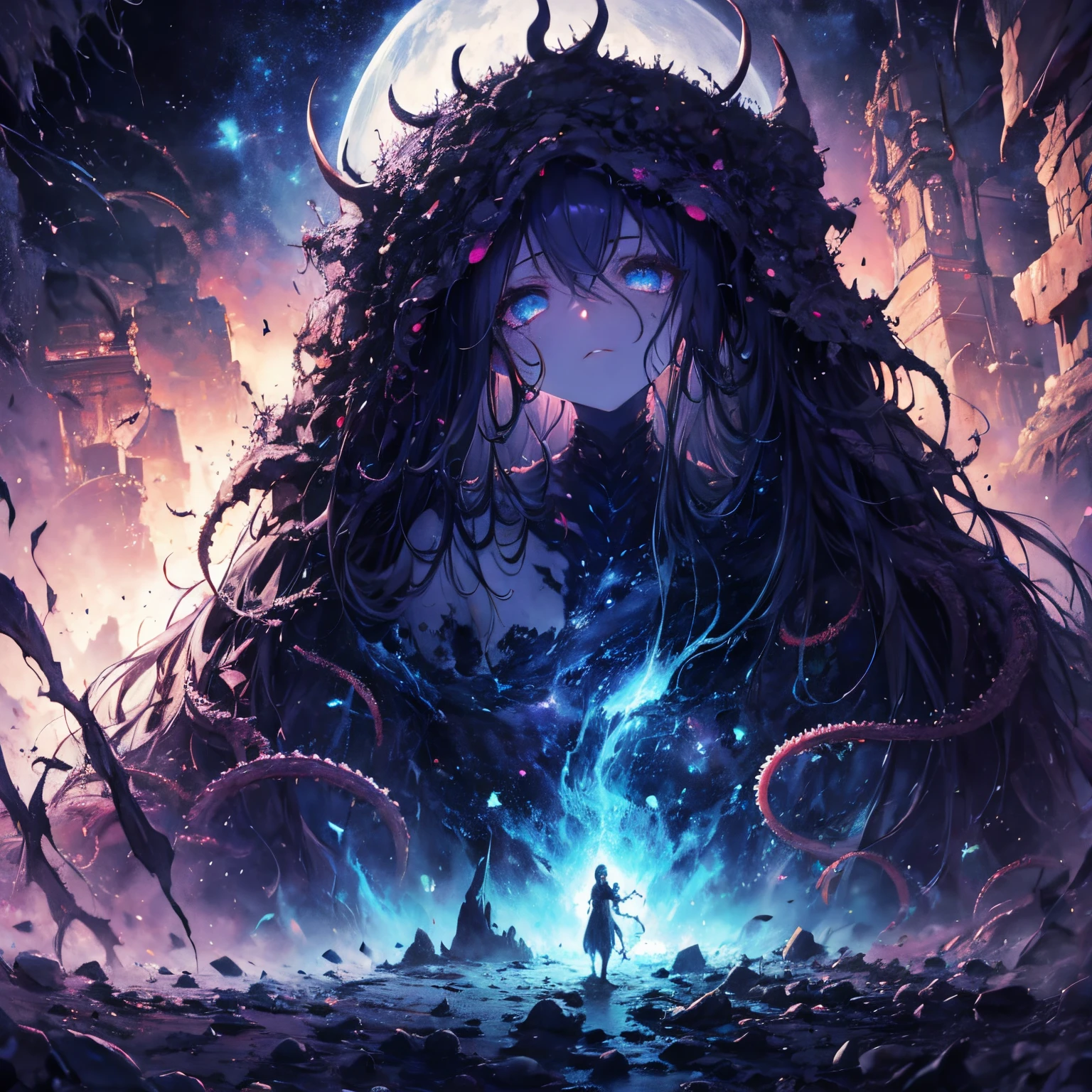 ((masterpiece)), ((best quality)), (ultra-detailed),(in the cave),(monster),(((many tentacles wrap arotnd the body))),a cute girl, 1girl, solo, (white girly dress),((many tentacles bound arms)), ((thin waist)),large breast, slim, slender,beautiful brown hair, beautiful blue eyes, (beautiful eyes), long hair,troubled expressio