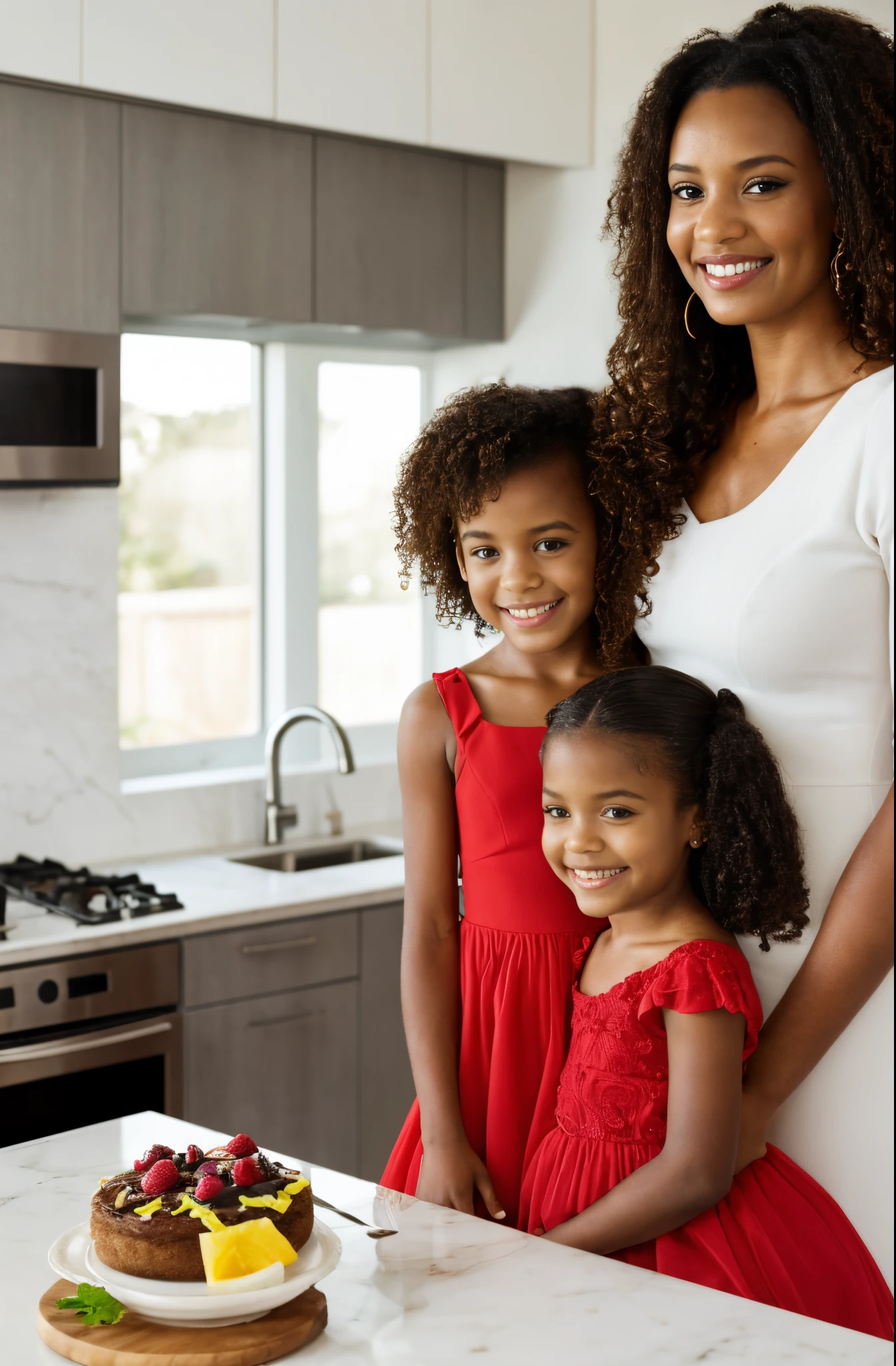 Mother and 11-year-old daughter of African descent, mother and 11 year old daughter, menina de 11 anos, Com pele negra, mother and curly-haired daughter playing in a luxurious kitchen, The kitchen is all white with red details and accessories.........., as duas usam um avental vermelho sobre a roupa branca e fazem um delicioso bolo de morango com chantily. The mother seems more mature, 40-year-old mother, filhas com 9 anos de idade e 11 anos de idade