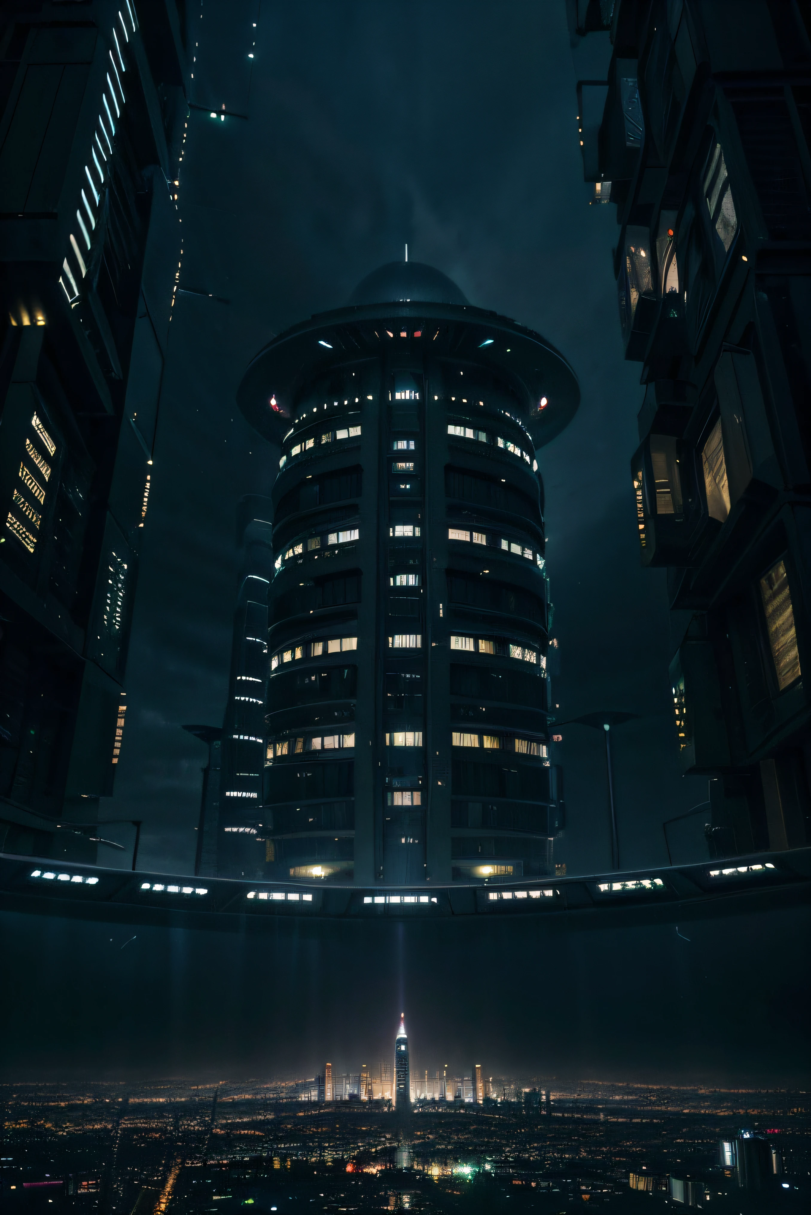 "Generate an image of an alien cityscape during a rainy night. Envision unique extraterrestrial architecture illuminated by otherworldly lights, with raindrops shimmering against the glow. Capture the ethereal ambiance of this alien metropolis as it thrives under the mysterious celestial night sky."