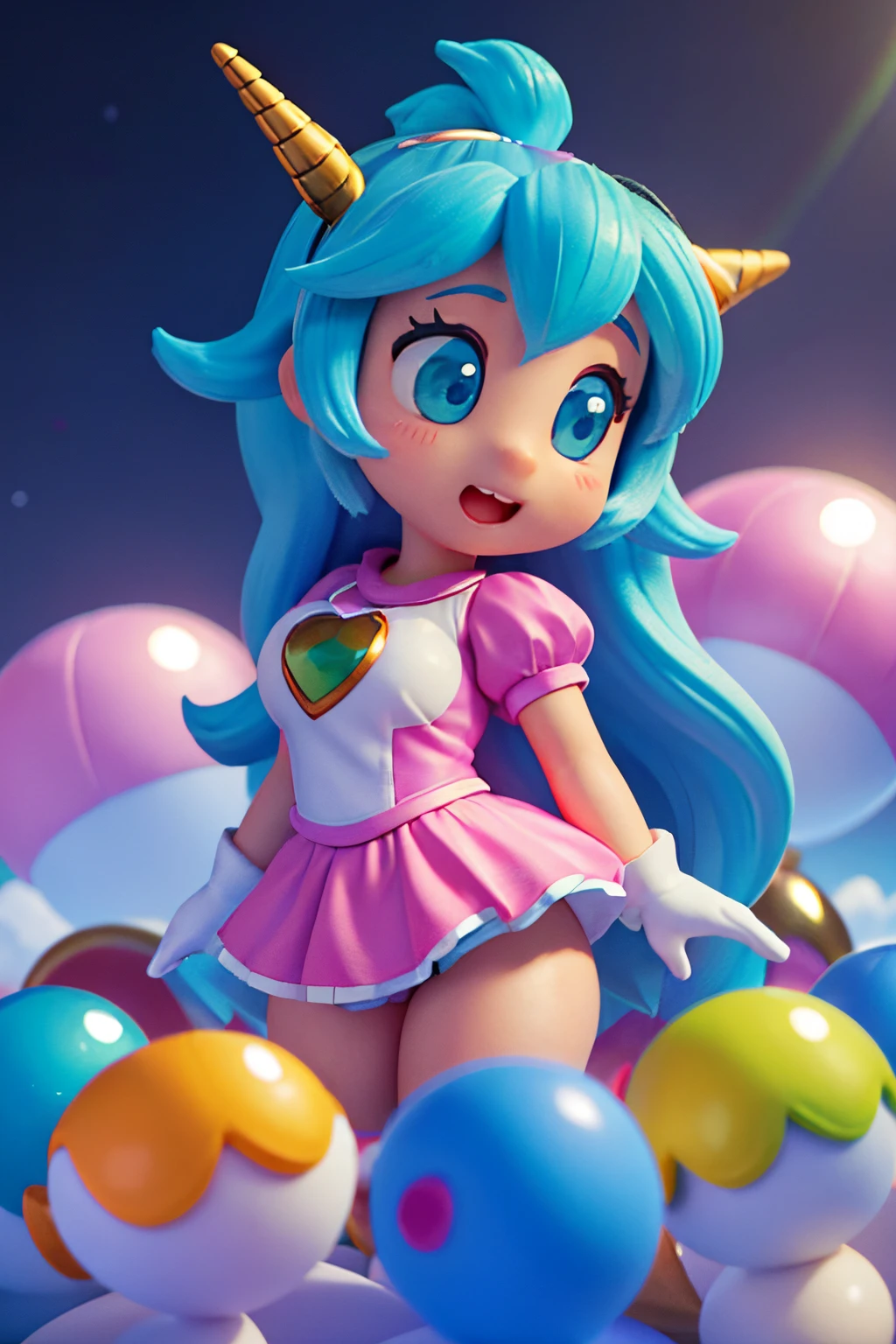 Bubble Bobble style, Super cute unicorn on rainbow road, empty space, vivd colour, Gives off a soft glow, Background soft blue dark tones and rainbow in the sky, Emotional, and harmonious, vignet, 8BIT, cute big breasts, pixelated, fanciful, A vibrant, Reminiscent of the Bubble Bobble game