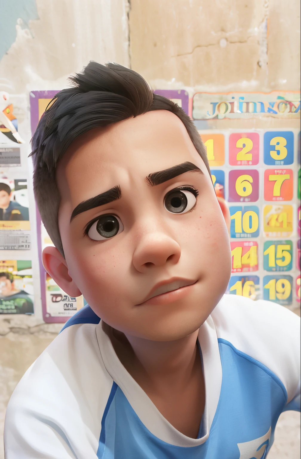 Garoto de 3 anos em escola com uniforme de short cor vinho e camiseta branca, sorrindo com cabelos pretos