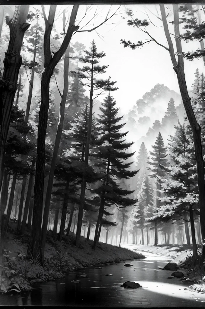 paisagem de bosque de carvalho, Charcoal sketch, detalhado