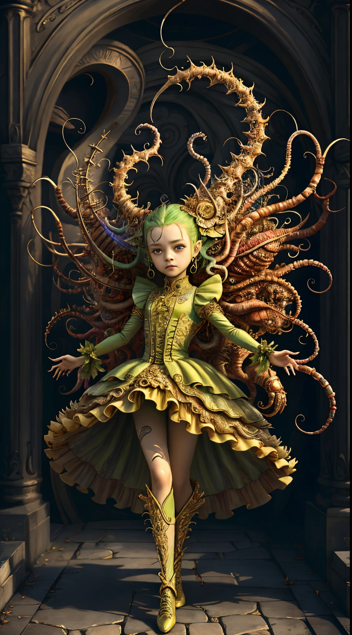 (top-quality:1.4)、(masterpiece:1.2)、Details、iintricate、A high resolution、Irridescent color、 Combining the best of the monster human form with the innocent charm of a precocious 、Fascinating creatures with otherworldly forms、scale、wingspan、Green meadow、textured、iintricate、A gorgeous one、。.3D、Very detailed and decorative style、tim burton、dale chihuly、Bruce Chen、Cyril Roland、 H. r.Giger$purah$grid:In true Reno Afremov style、Wet with、firey、most beautiful image in the world、A masterpiece of the best quality