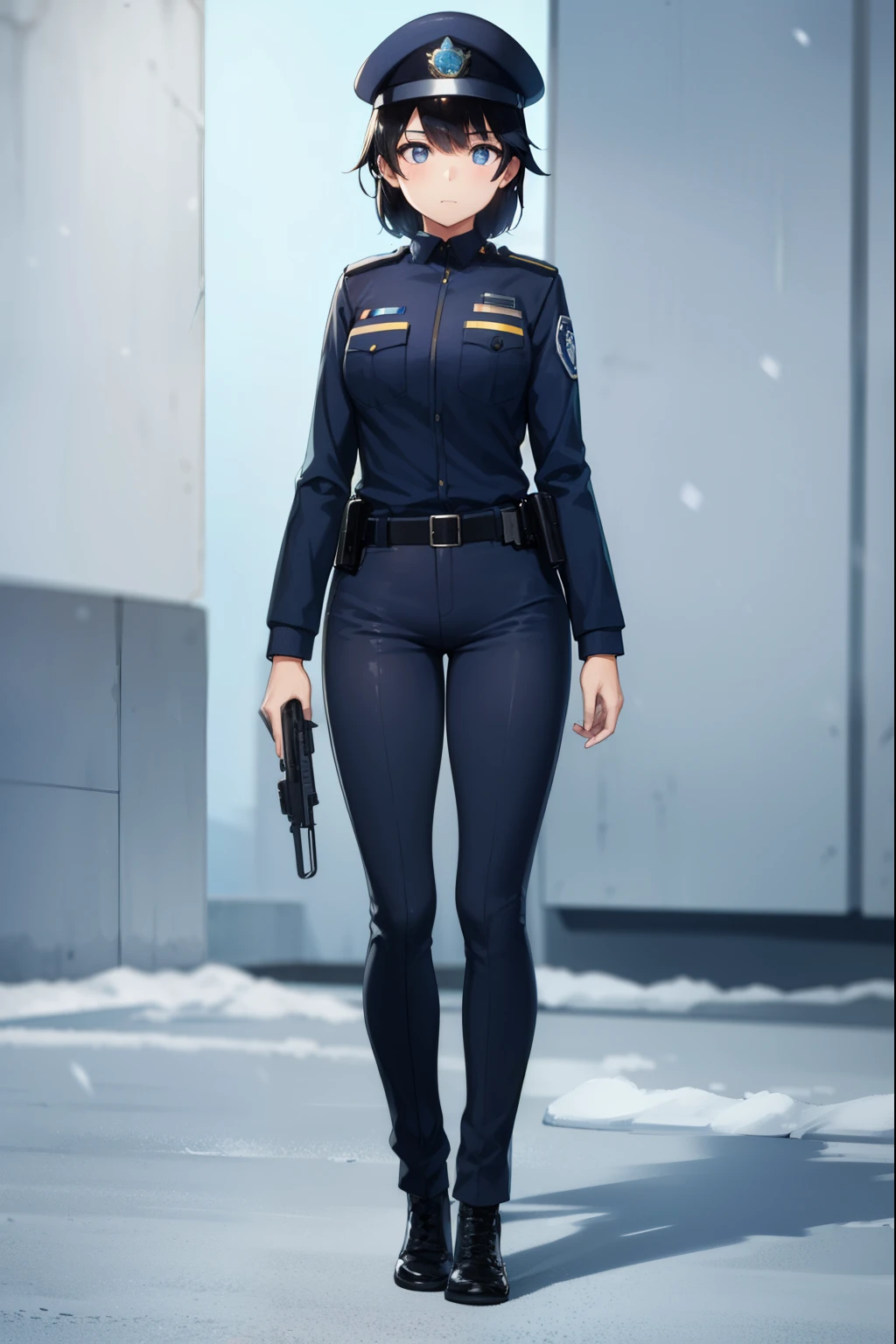 Cute girl, policewoman, wearing police uniform, full body, police, in-depth details,winter season, pistol