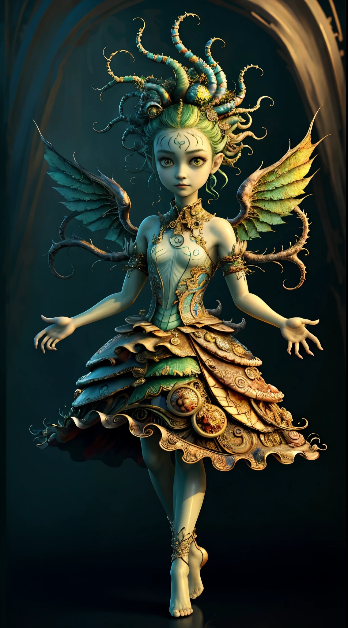 (best quality: 1.4), (masterpiece: 1.2), detailed, complex, high resolution, iridescent colors, A charming and fascinating creature with otherworldly forms that blend the best aspects of the monster human form and the innocent charm of a precocious child, scales, wings, blue, texture, complex, gorgeous, 3D, highly detailed, decorative style, Tim Burton, Dale Chihuly, Bruce Zheng, Cyril Rolando, H. R. Giger $plastic$ Grid: Real Lenoid afremov style, wet, fire
