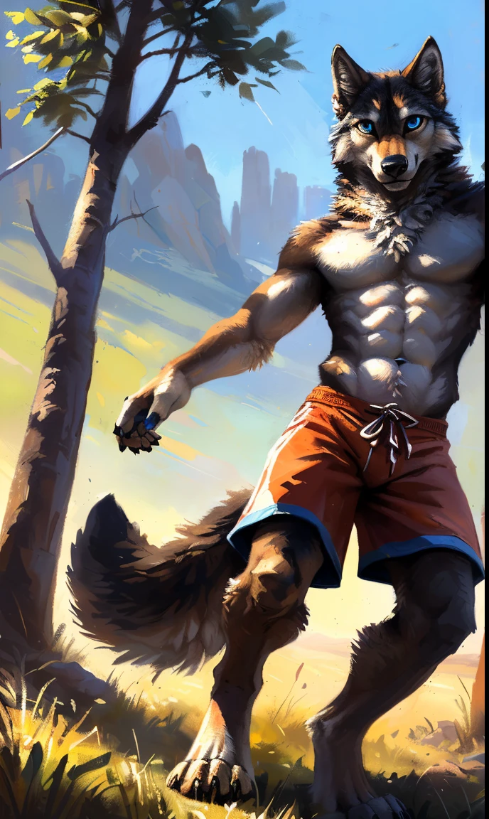 ((Solo)), male people, anthro wolf, (Multi-colored fur, White-brown:1.3,White tail pointed), (Height 2.1m,Tail length 1.2m), ((Wolf face, Big eyes, White eyelids, Blue pupil, Slim:1.2) (Tough, Calm expression:1.2)), Abs, Slim, pinging)), (Correct anatomy), (Work shorts:1.1), The upper body is naked, (detailed outfits),A long big tail,Feet,(Realistic fur, Detailed fur texture, labeled:1.3)), (Natural lighting), Photorealistic, Hyperrealistic, ultradetailed, by Kenket,Endless grasslands,There are no trees,There are no big stones,No artificiality,erect through,Running on