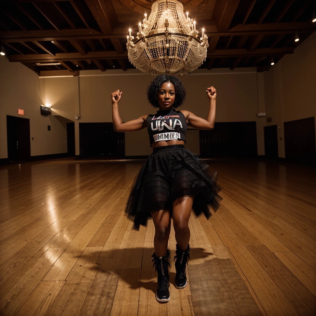 a black woman with black curly hair, dancing in a ballroom, with a text written "DNA", ultra realistic, 16k, dry ice coming out of the floor