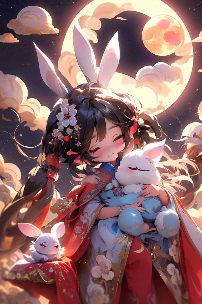 tmasterpiece,Best quality at best, 1girl·Chibi, ssmile, Hanfu, moon full, ​​clouds，drak