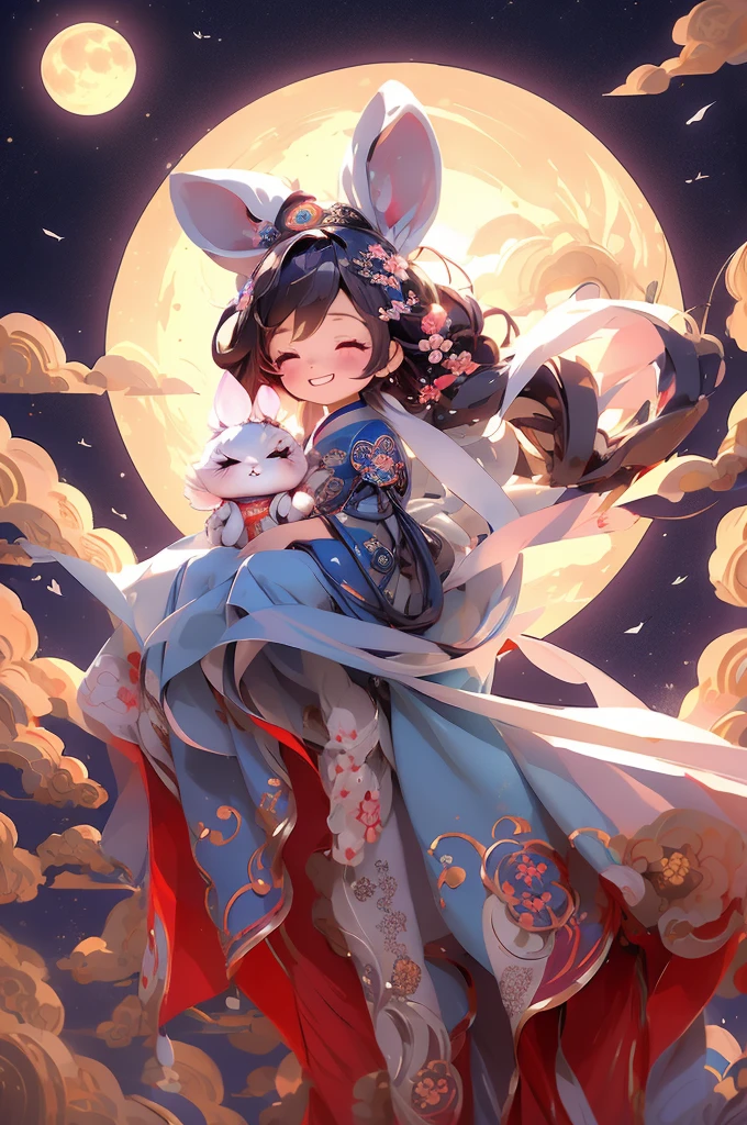 tmasterpiece,Best quality at best, 1girl·Chibi, ssmile, Hanfu, moon full, ​​clouds，drak