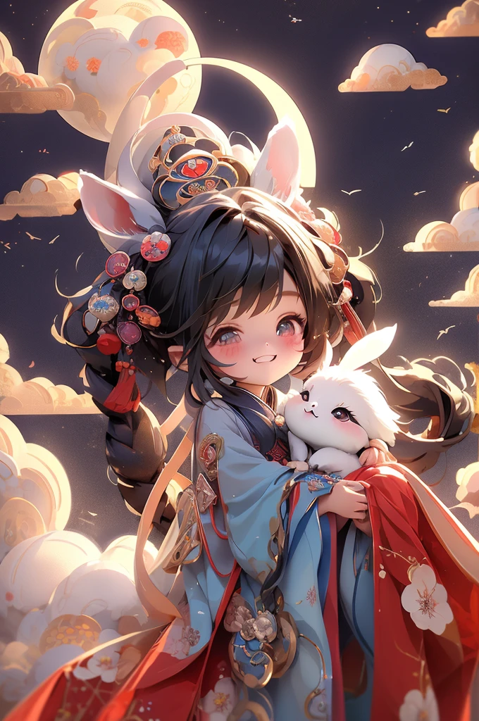 tmasterpiece,Best quality at best, 1girl·Chibi, ssmile, Hanfu, moon full, ​​clouds，drak