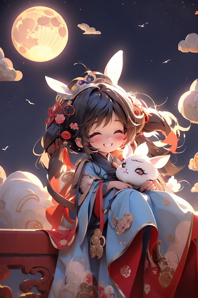 tmasterpiece,Best quality at best, 1girl·Chibi, ssmile, Hanfu, moon full, ​​clouds，drak