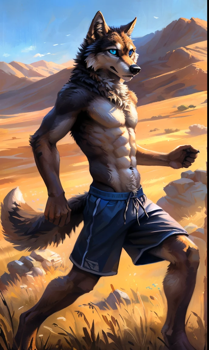 ((Solo)), male people, anthro wolf, (Multi-colored fur, White-brown:1.3，White tail pointed), (Height 2.1m,Tail length 1.2m), ((Wolf face, Big eyes, White eyelids, Blue pupil, Slim:1.2) (Tough, Calm expression:1.2)), Abs, Slim, pinging)), (Correct anatomy), (Work shorts:1.1), The upper body is naked, (detailed outfits),A long big tail，Feet，(Realistic fur, Detailed fur texture, labeled:1.3)), (Natural lighting), Photorealistic, Hyperrealistic, ultradetailed, by Kenket，Endless grasslands，There are no trees，There are no big stones，No artificiality，erect through，Running on