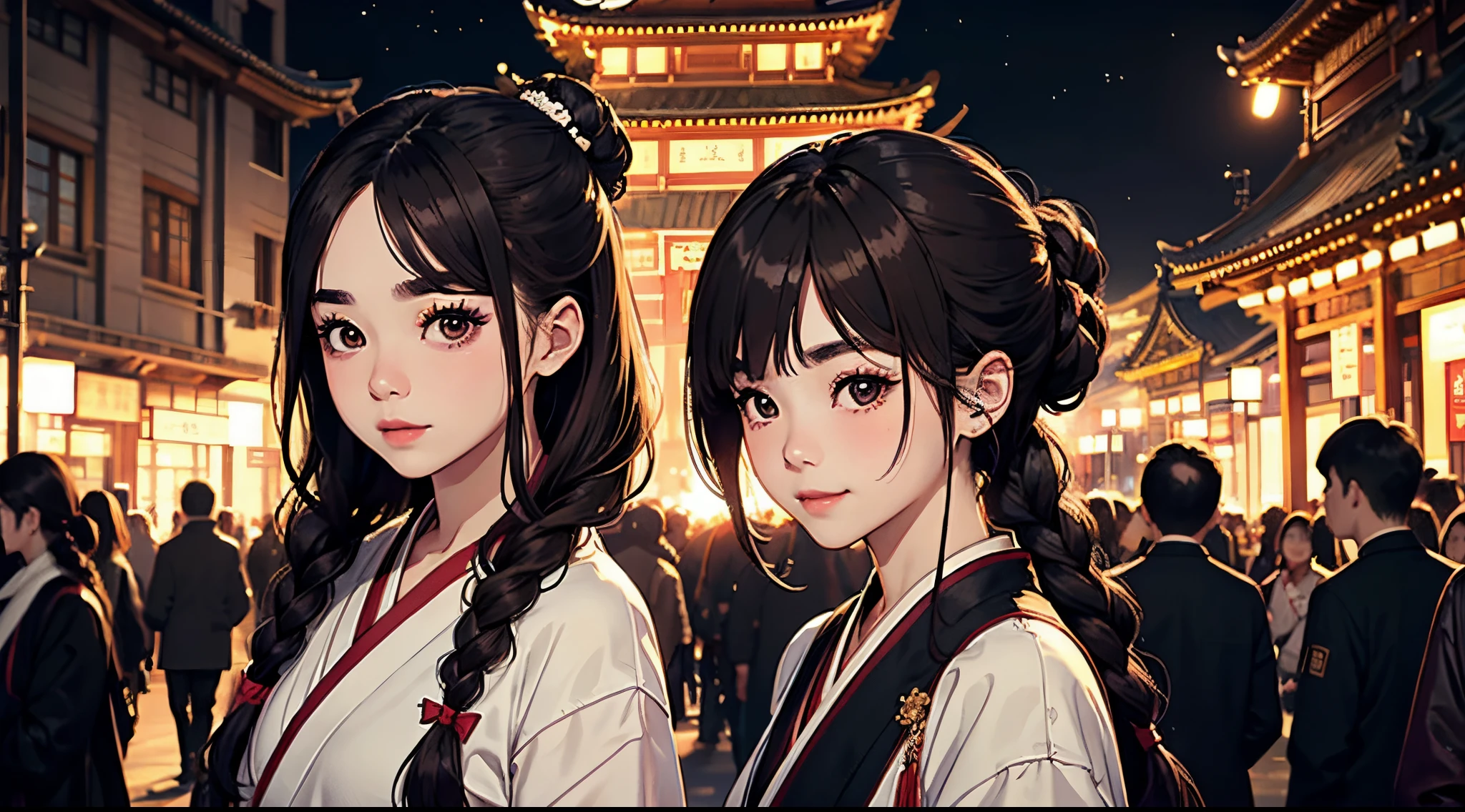 Kpop idol: 1.2, mix4, 1 Korean girl, 24 years old, (light eyebrows: 1.4), shiny brown eyes, bun head, tied two braids, ancient city, city temple, beautiful detail sky, street (crowd:1.2), night, (nose blush), hanfu, happy, smile