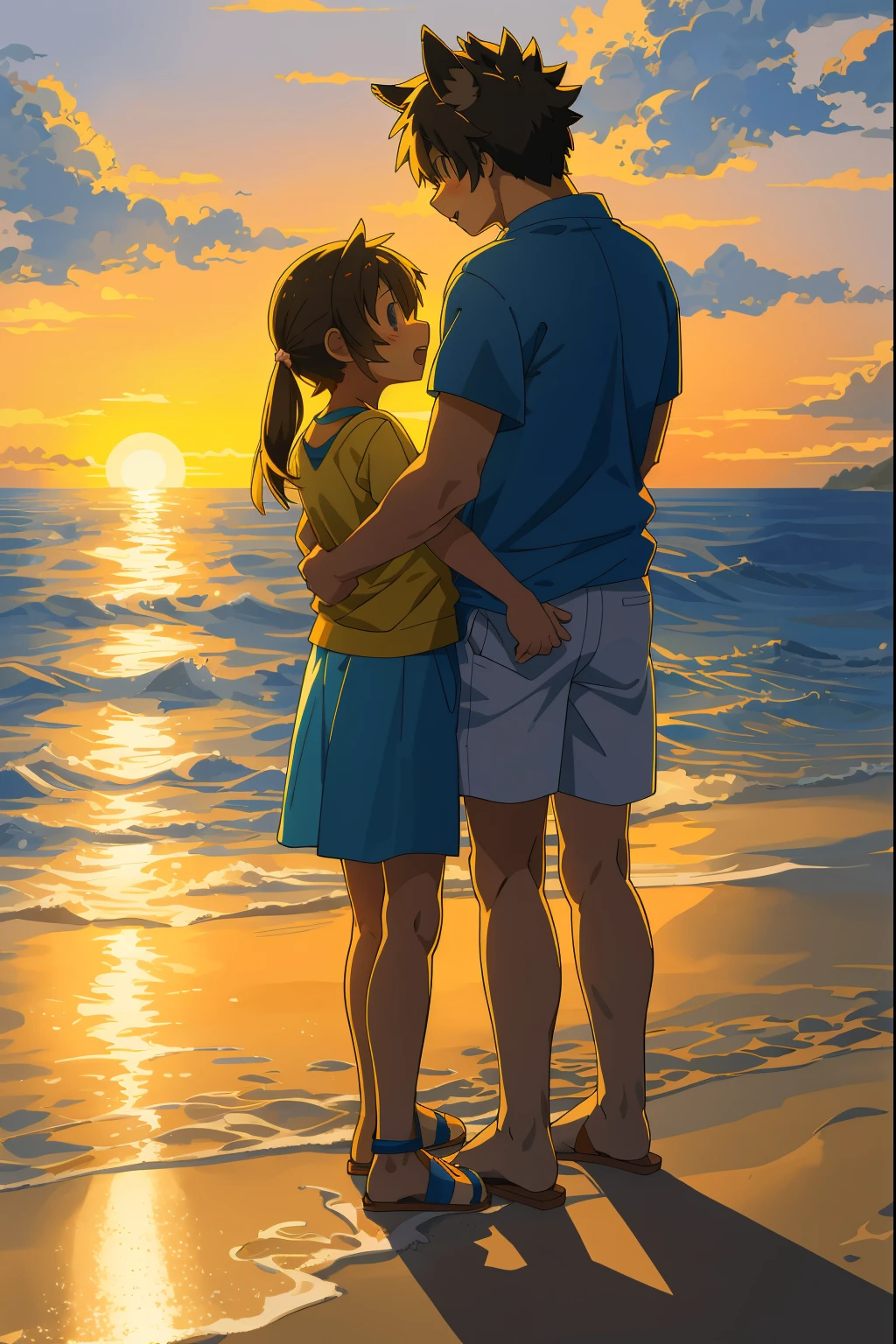 cover page, anime key visual, highres, top quality, best quality, paid reward available, High-quality illustrations, unparalleled masterpiece, perfect artwork, absurdres(family watching sunrise at the beach)(kemono werewolf family with two parents of diverse descents and a child)perfect anatomy, mesmerized by the sunrise, child playing with sand and building a sandcastle, serene beach with gentle waves, sky with vibrant colors of dawn, family’s expressions of awe and happiness, moment of peace and togetherness, fan-created work shared on platforms Pixiv or Twitter, cinematic lighting, dynamic angle,