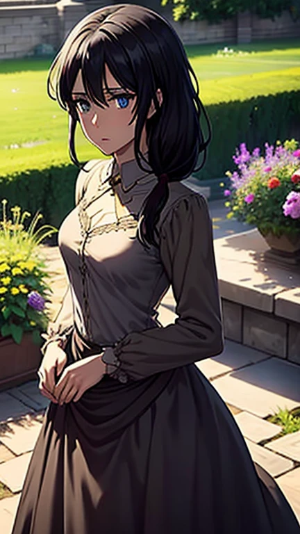 Long black hair,black colour princess dress, standing,blue colour eyes,ultra realistic detailed blue eyes, beautiful and perfect face, sunlight and garden background, Violet Evergarden's hairstyle, black hair