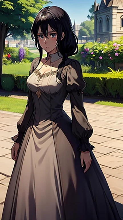Long black hair,black colour princess dress, standing,blue colour eyes,ultra realistic detailed blue eyes, beautiful and perfect face, sunlight and garden background, Violet Evergarden's hairstyle, black hair