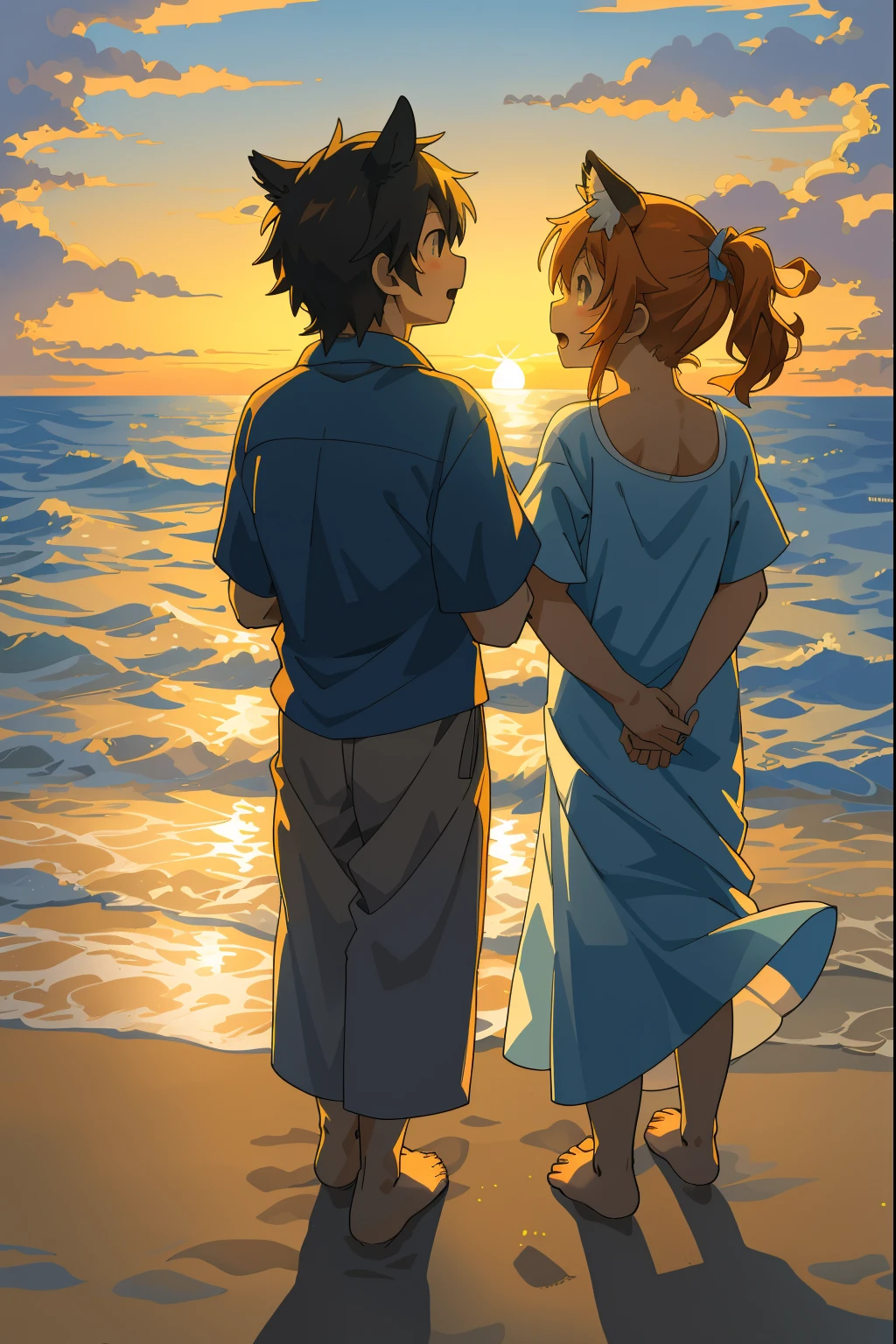 cover page, anime key visual, highres, top quality, best quality, paid reward available, High-quality illustrations, unparalleled masterpiece, perfect artwork, absurdres(family watching sunrise at the beach)(kemono werewolf family with two parents of diverse descents and a child)perfect anatomy, mesmerized by the sunrise, child playing with sand and building a sandcastle, serene beach with gentle waves, sky with vibrant colors of dawn, family’s expressions of awe and happiness, moment of peace and togetherness, fan-created work shared on platforms Pixiv or Twitter, cinematic lighting, dynamic angle,