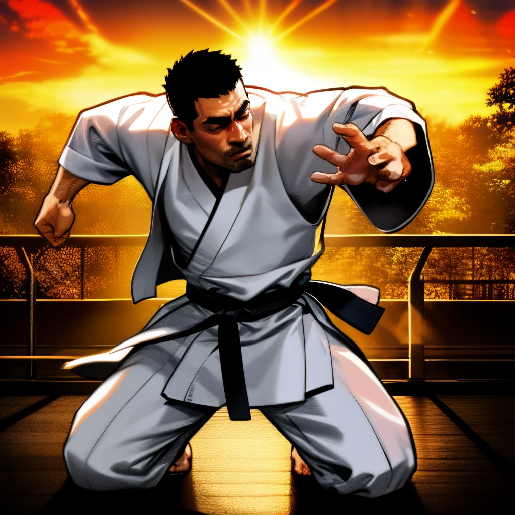 Illustration of a karate kumite player black belt man