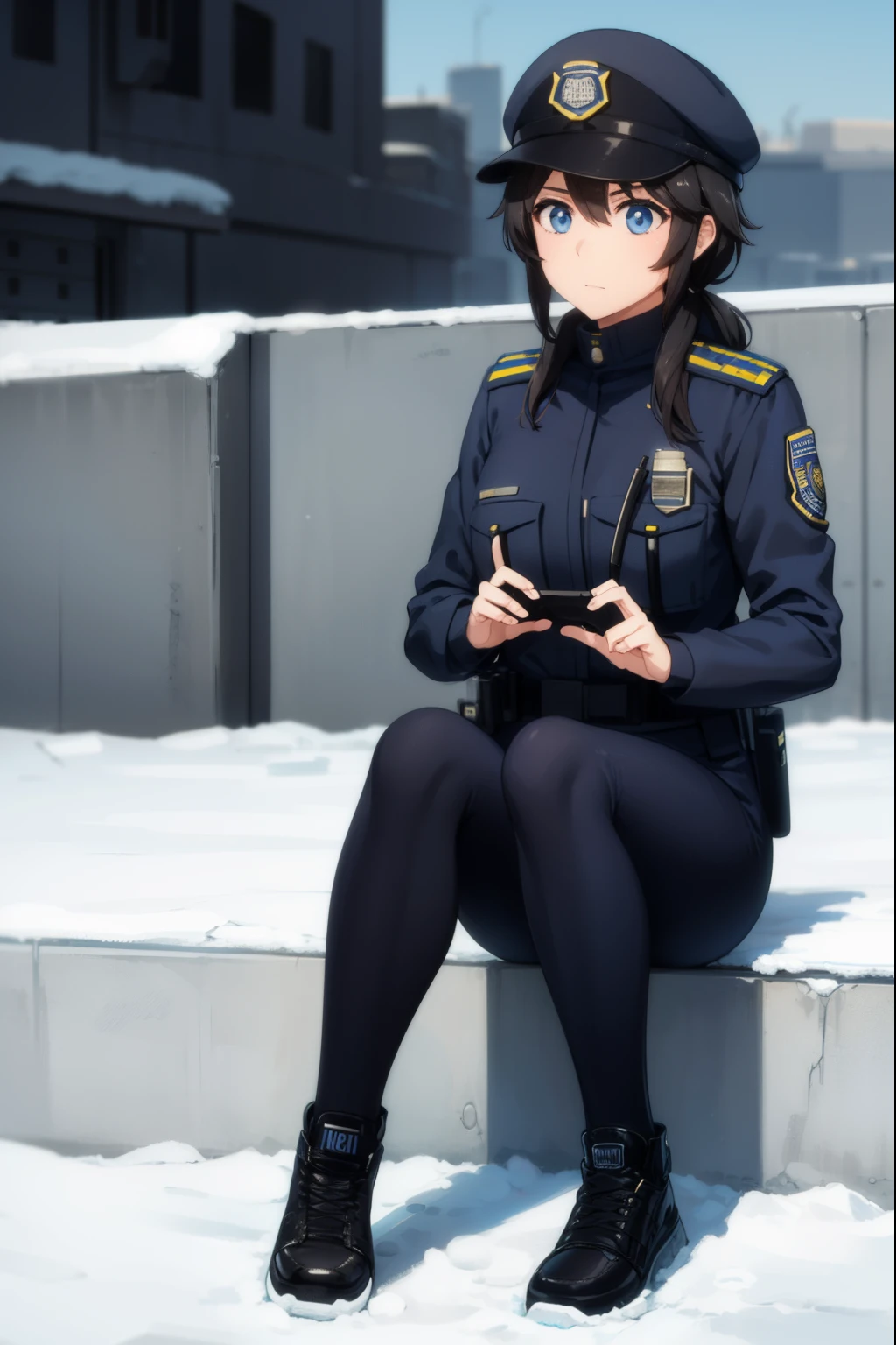 Cute girl, policewoman, wearing police uniform, full body, police, in-depth details,winter season, pistol, Iraqi police clothing