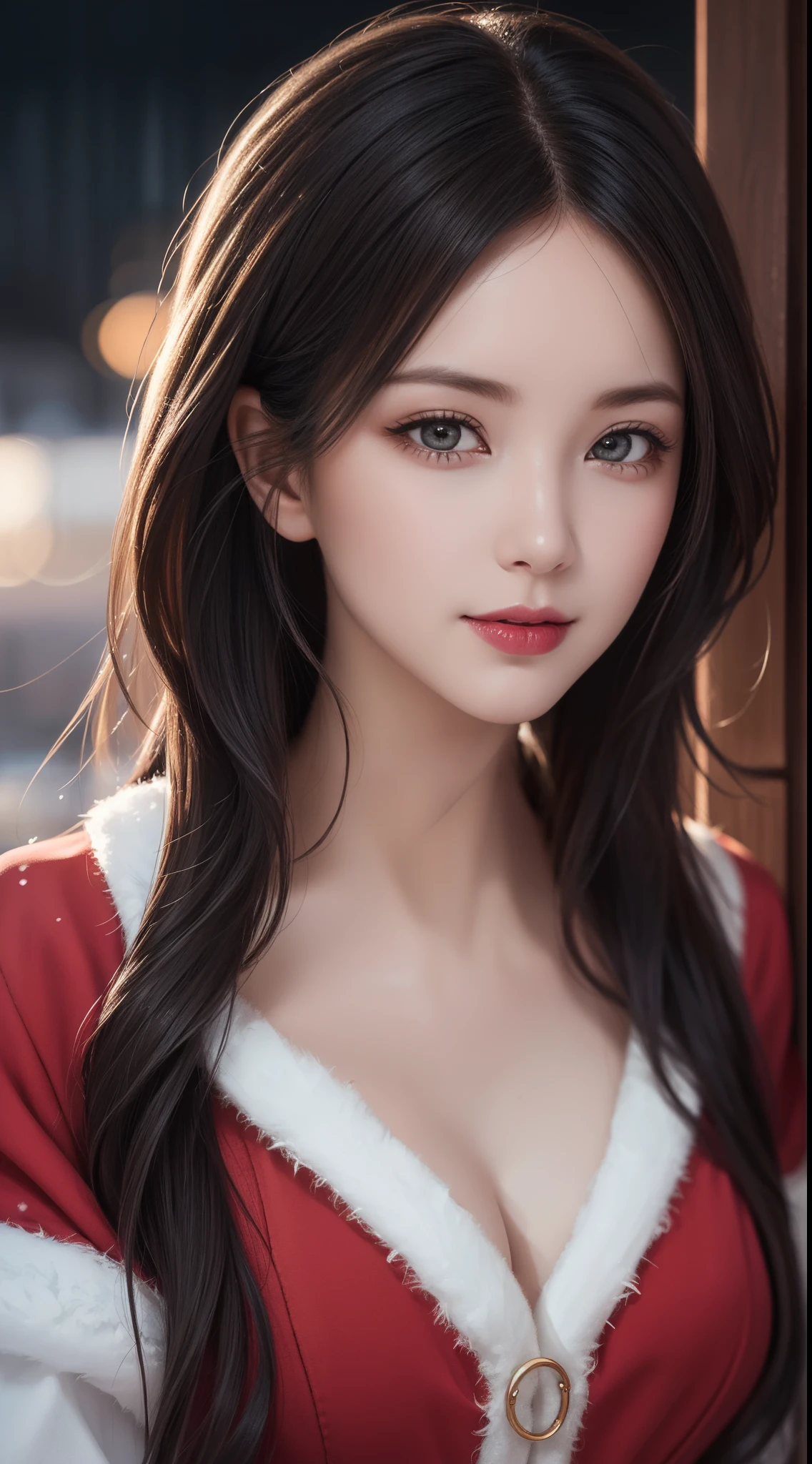 (Aesthetic, Hi-Res: 1.2), Professional Photographer, minimalism, concept art, intricate detail, 8k post-production, High Resolution, Super Detail, trending on ArtStation, sharp focus, studio photo, intricate detail, Highly detailed, By Greg Rutkowski, Artistic low light bright and dark, Vivid colors. Outdoor winter scene with snow in the evening, A slight smile, True art, changing many different hairstyles and colors, wearing a simple and respectful red boby Santa Claus outfit, Mood Passion, Seductive Expression, Sexy Lips, Wet Lips, Seductive Closed Eyes, Seductive Look, Suggestive Posture.